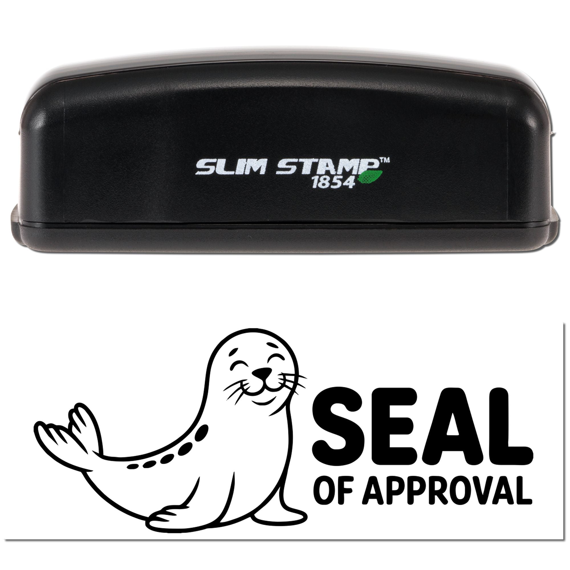 Black Slim Stamp 1854 self-inking stamp with a seal of approval graphic, featuring a smiling seal and bold black text.