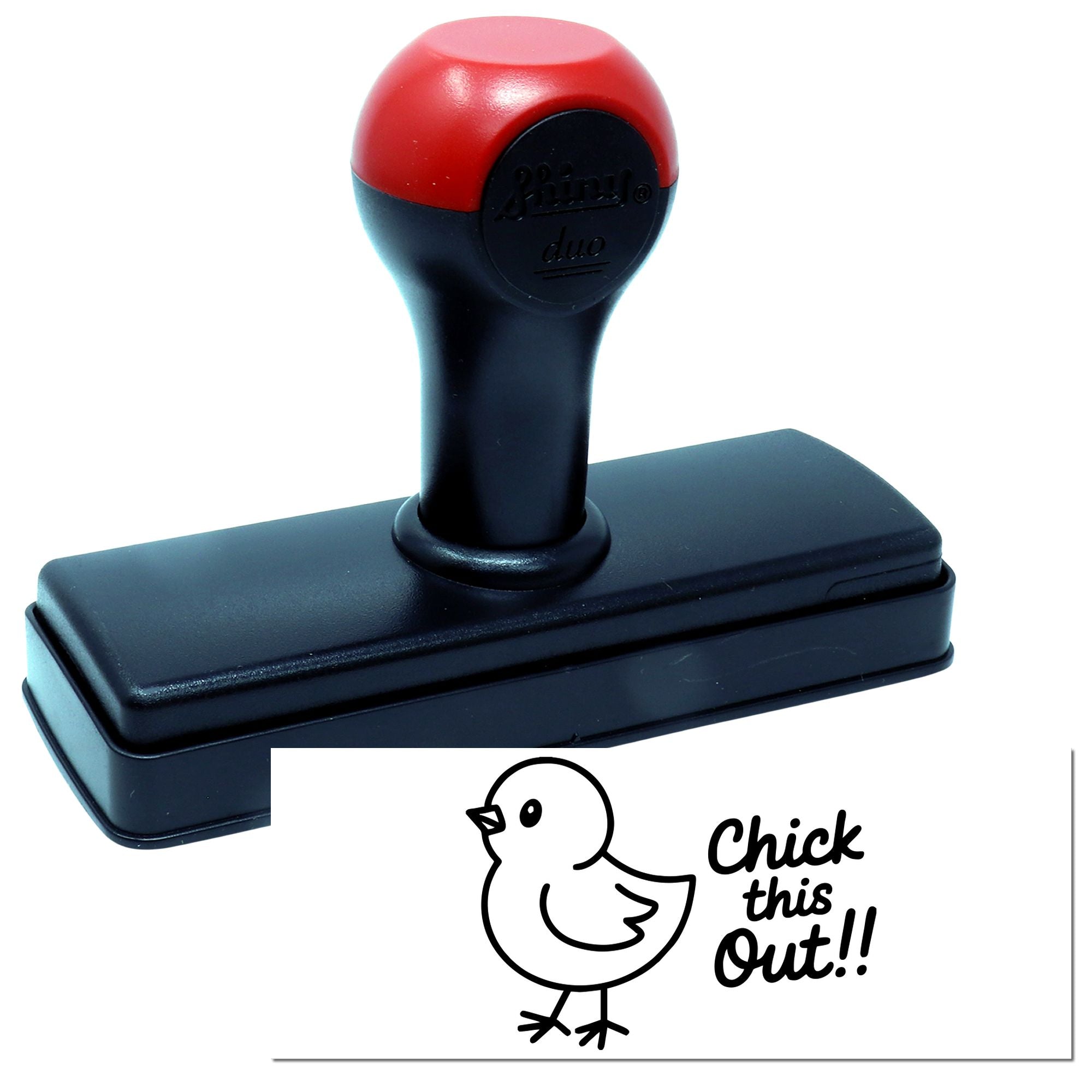 Red-and-black self-inking stamp and seal with chick design and Chick this Out!! imprint on white card