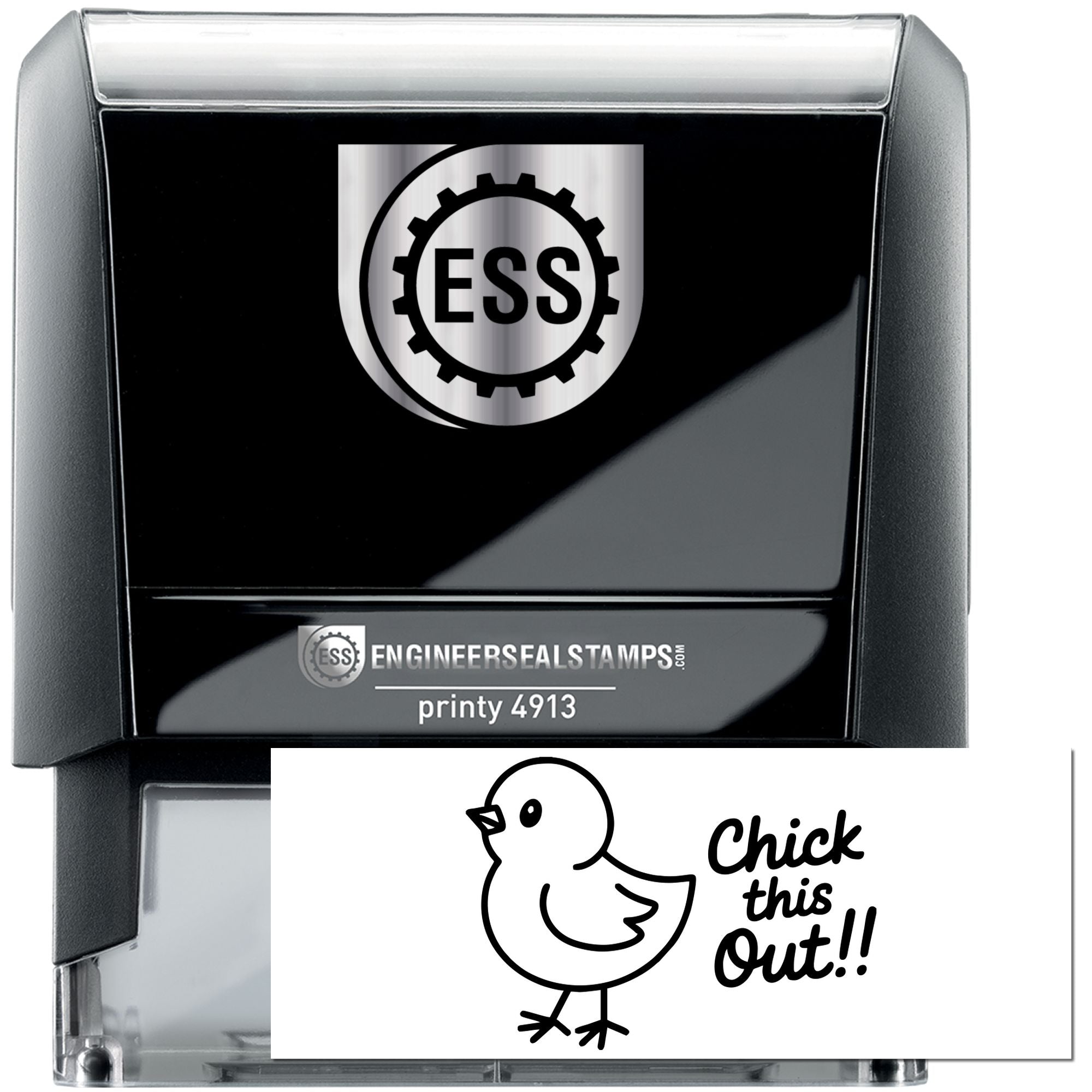 Black-and-silver ESS self-inking stamp and seal with gear logo, plus chick design and Chick this Out!! text.