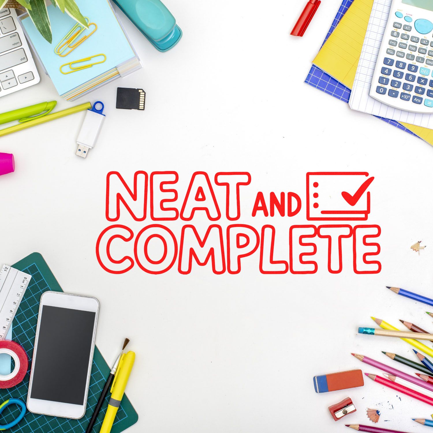 Red NEAT and COMPLETE stamp-and-seal design with check mark on white, framed by colorful stationery.