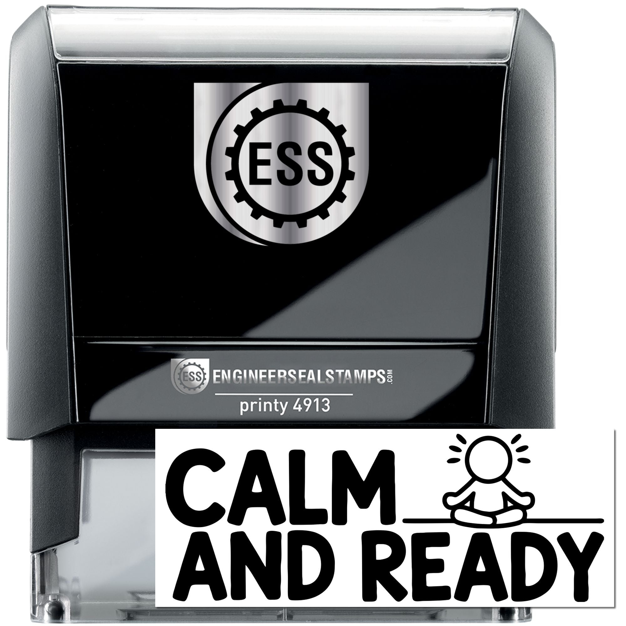 Black self-inking stamp and seal with ESS logo, featuring bold white CALM AND READY text on a glossy black case.
