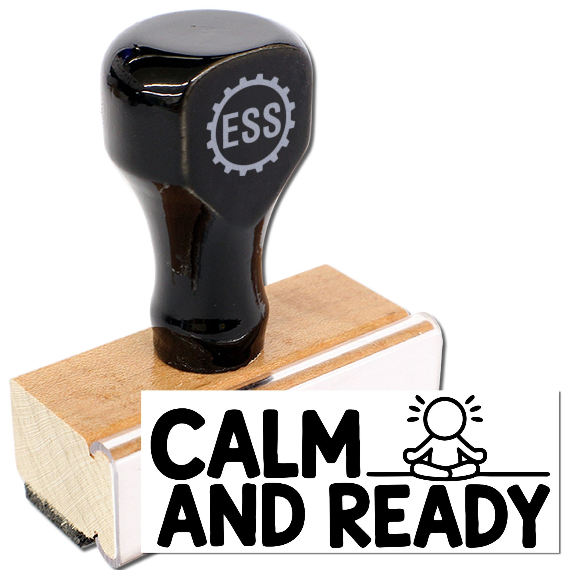 Black self-inking stamp with ESS logo and Calm and Ready seal, shown on a wooden block with bold black imprint.