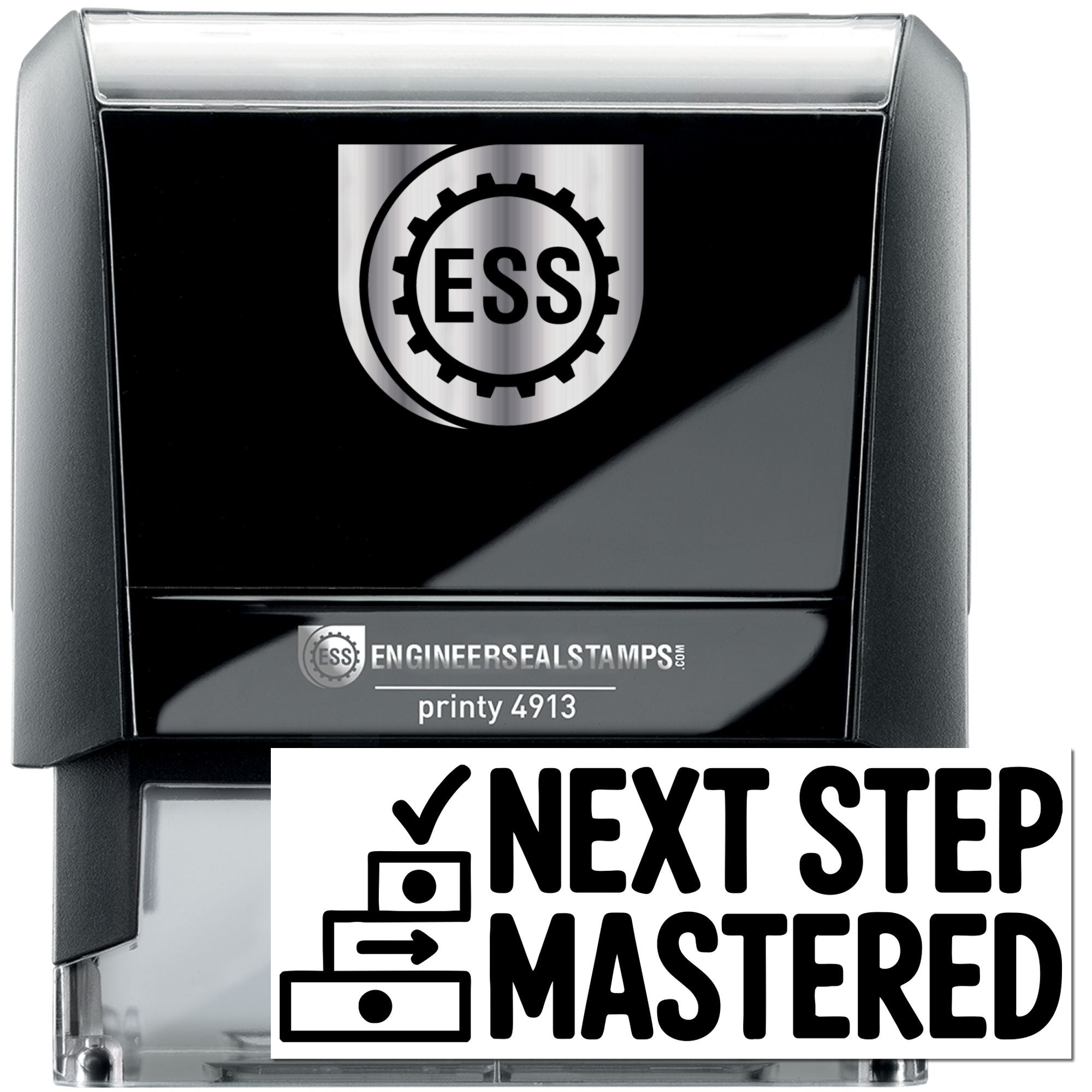 Black self-inking stamp and seal with silver ESS logo, clear cover, and bold Next Step Mastered text.