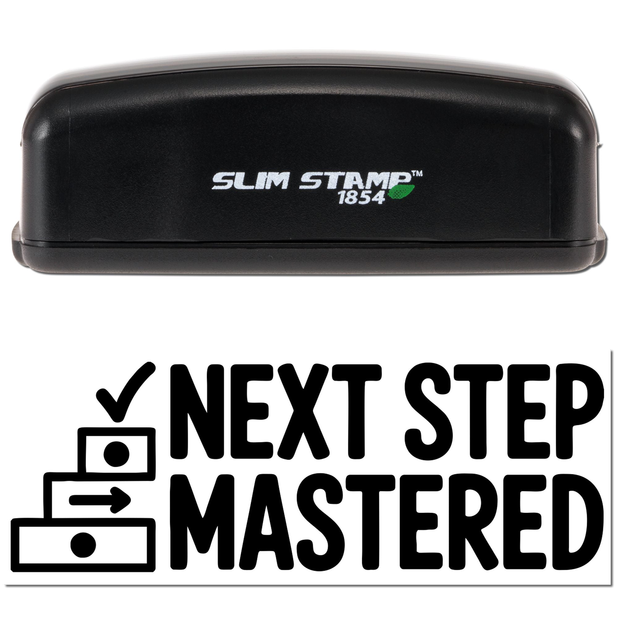 Black Slim Stamp 1854 self-inking stamp and seal with green logo above a bold black Next Step Mastered graphic.