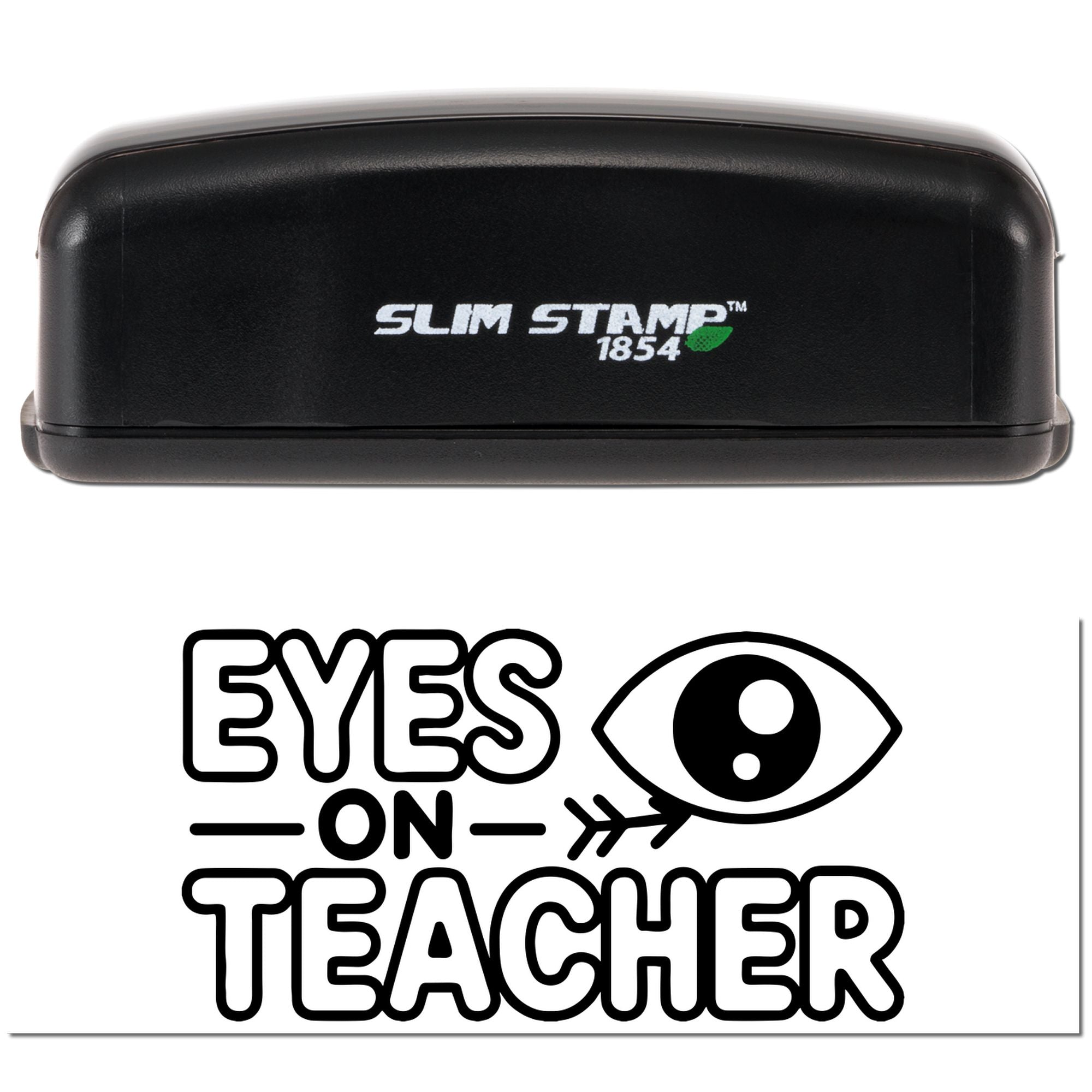 Black Slim Stamp 1854 embosser with Eyes on Teacher seal design and eye icon on a white background.