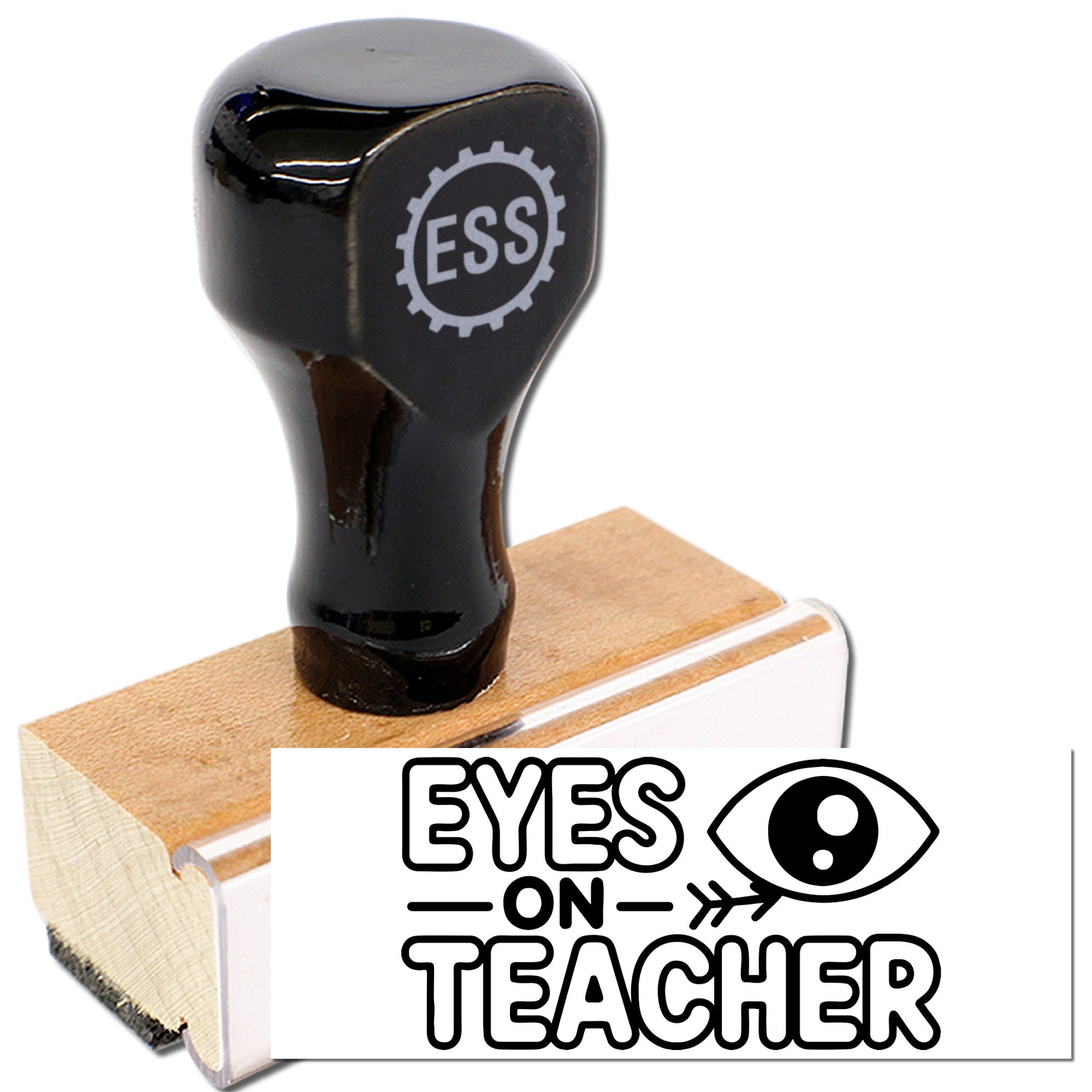 Black ESS rubber stamp on a wooden base, with a white EYES ON TEACHER seal and eye icon.
