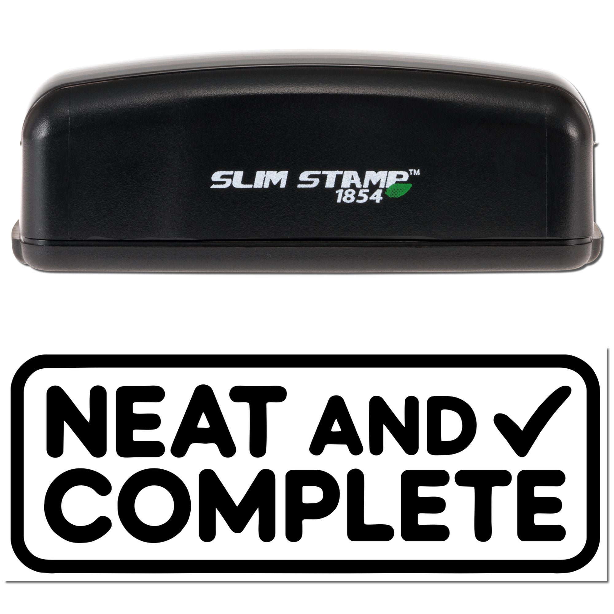 Black Slim Stamp 1854 self-inking stamp with green leaf logo above bold black Neat and Complete seal.