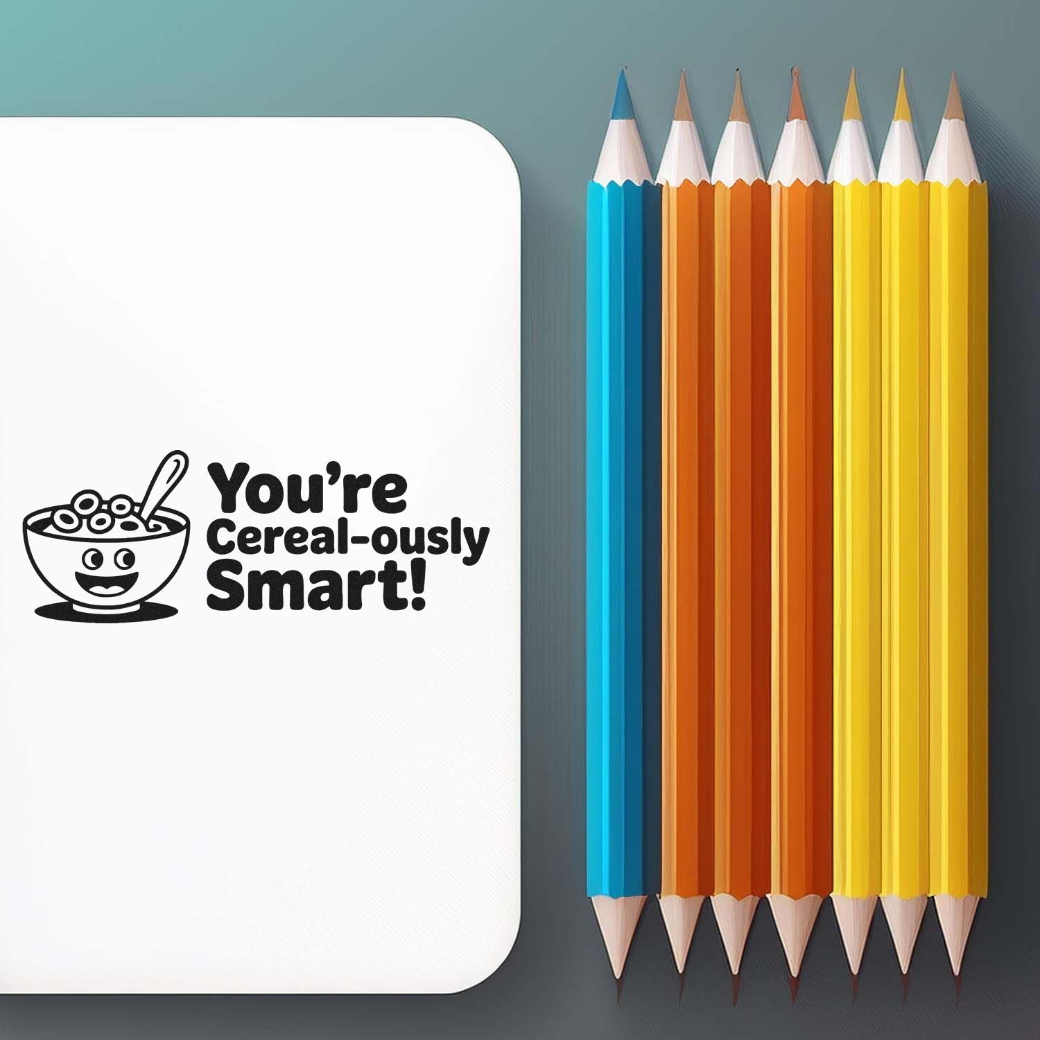 White stamp pad with black Youre Cereal-ously Smart! cereal bowl stamp beside colorful pencils on gray background.
