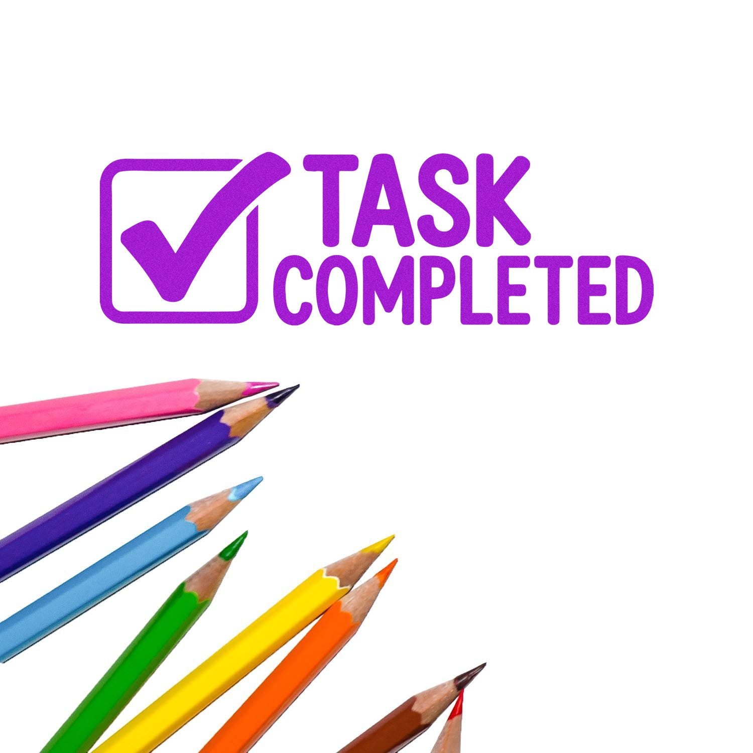 Purple task completed stamp and seal with checkmark, plus colorful pencils