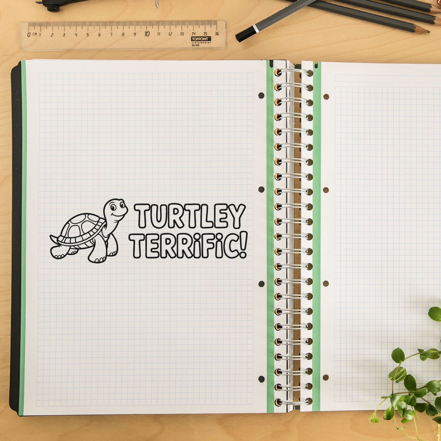 Black turtle stamp with TURTLEY TERRIFIC! on graph paper notebook, with green spine, ruler, pencils and plant.