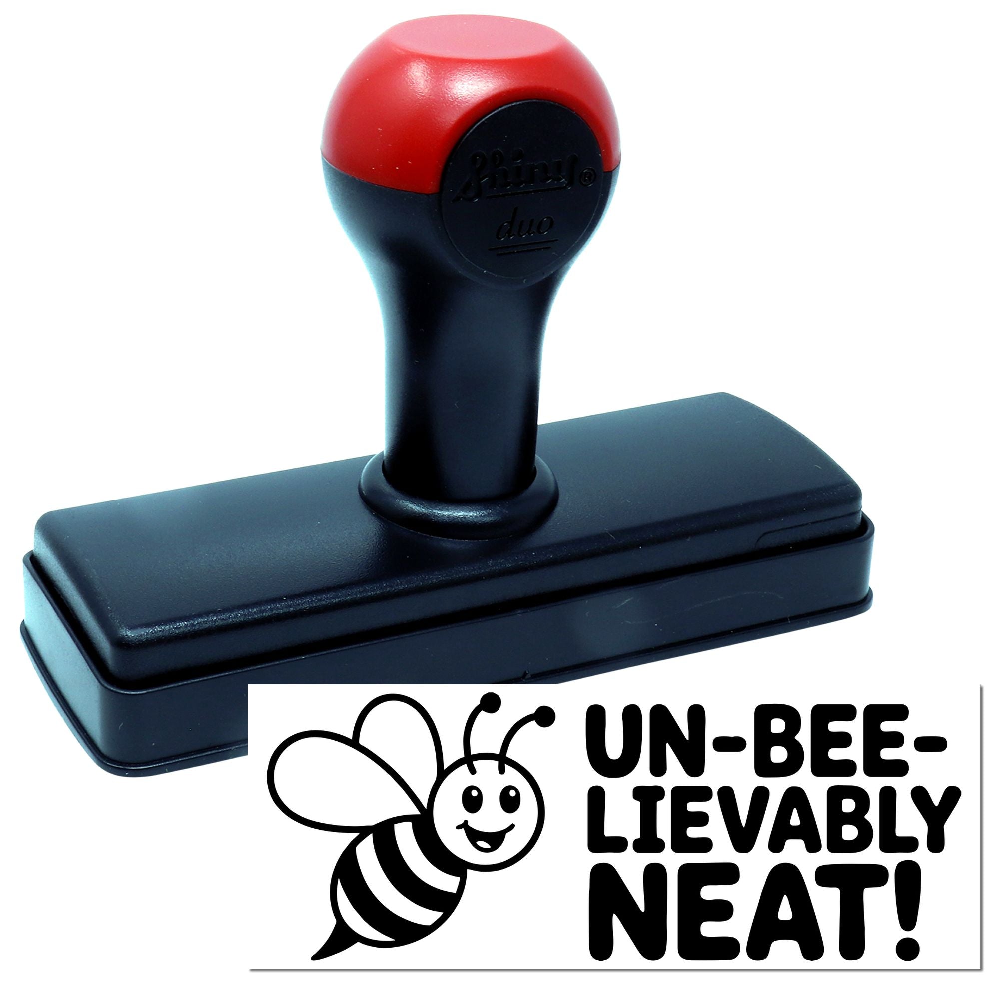 Black and red self-inking stamp with bee logo and UN-BEE-LIEVABLY NEAT! seal graphic on white background.