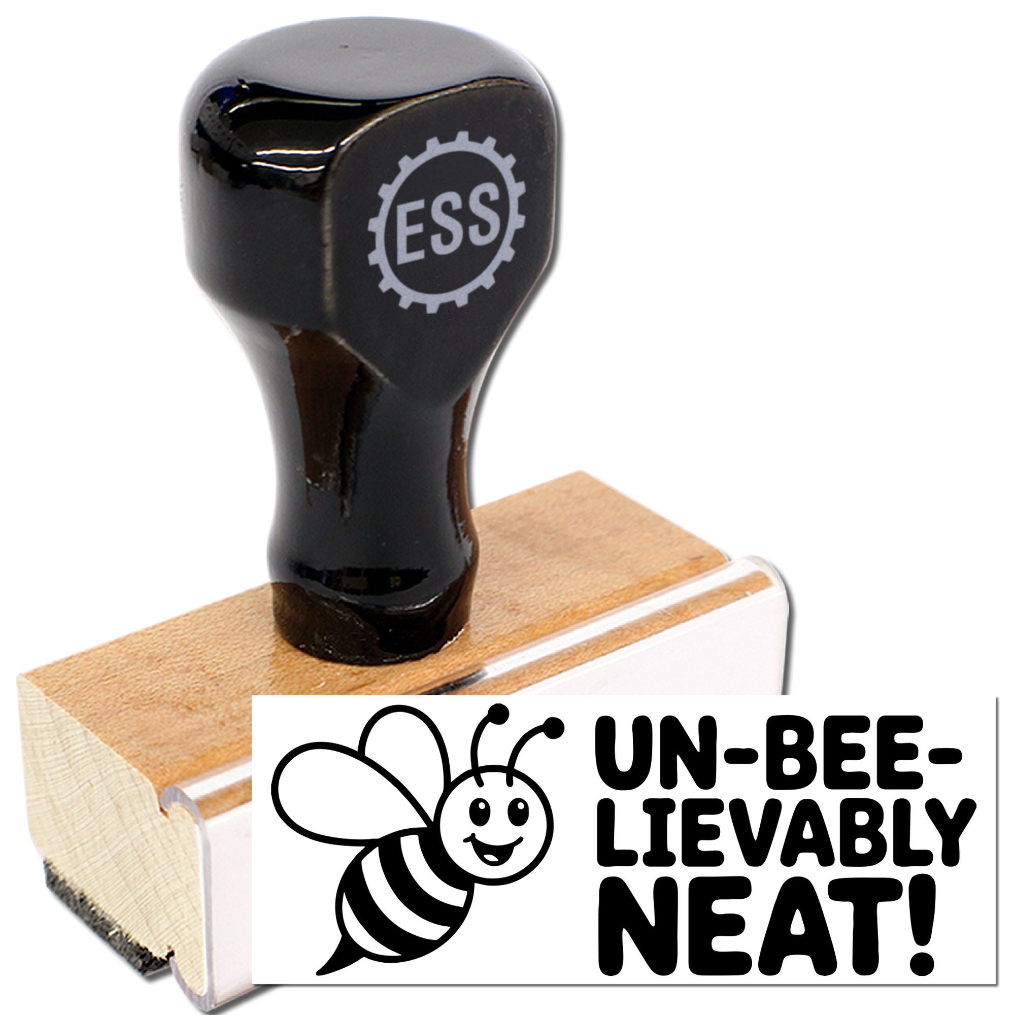 Black rubber stamp and seal with wooden base, bee graphic, and UN-BEE-LIEVABLY NEAT! text