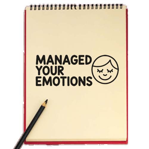 Beige notebook with black self-inking stamp Managed Your Emotions, smiley face seal, and pencil.