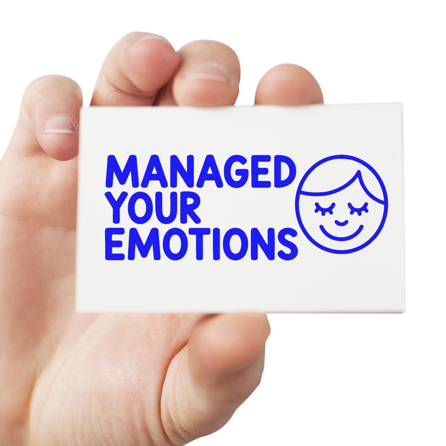 Hand holding a white stamp seal with bold blue Managed Your Emotions text and a smiling face icon.