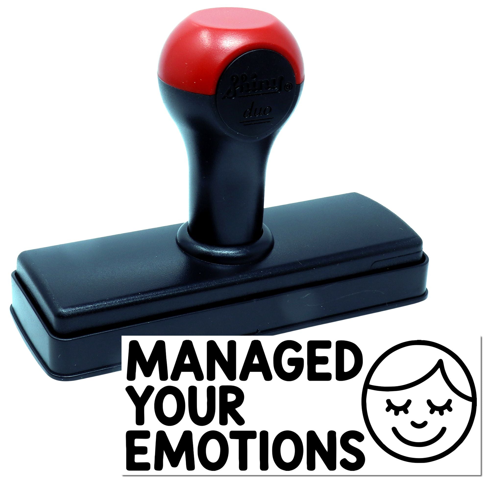 Red and black rubber stamp seal with Managed Your Emotions text and a simple smiling face icon.