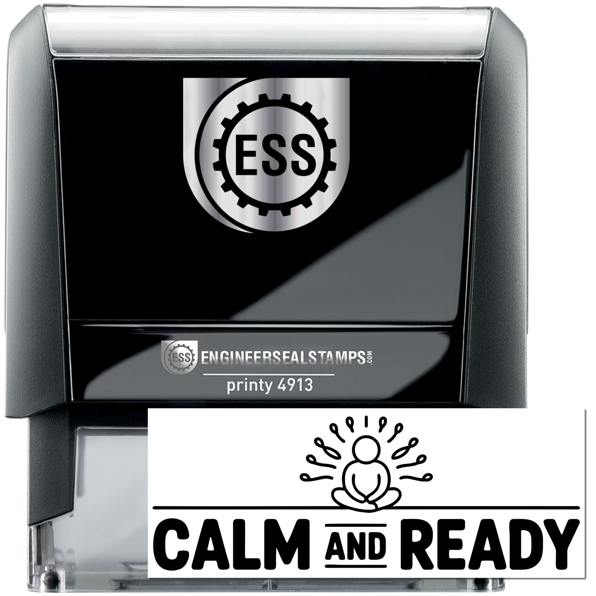 Black self-inking stamp and seal set with silver ESS logo, Printy 4913 branding, and white Calm and Ready seal graphic.