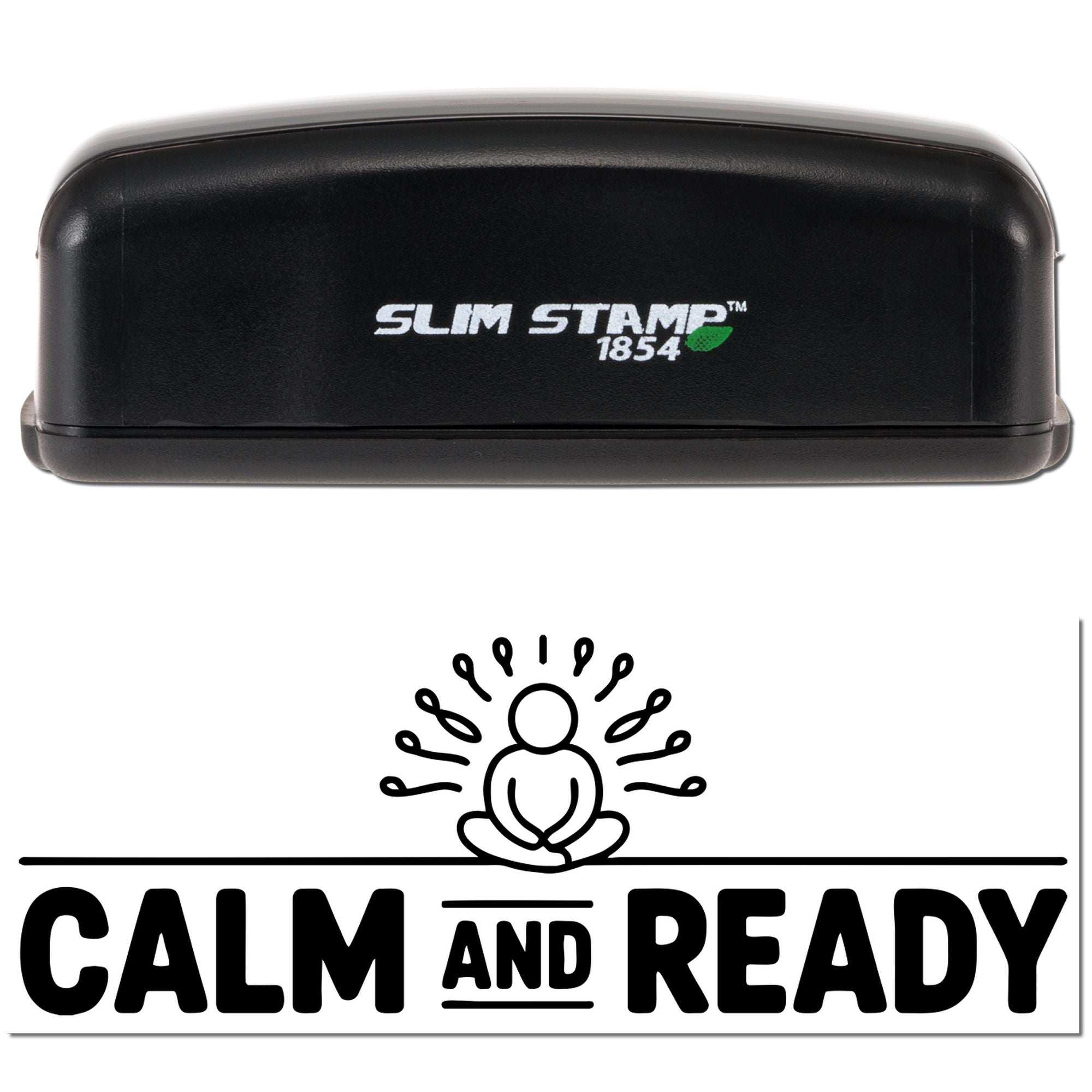 Black Slim Stamp 1854 self-inking stamp with green leaf logo and Calm and Ready seal featuring a meditating figure.