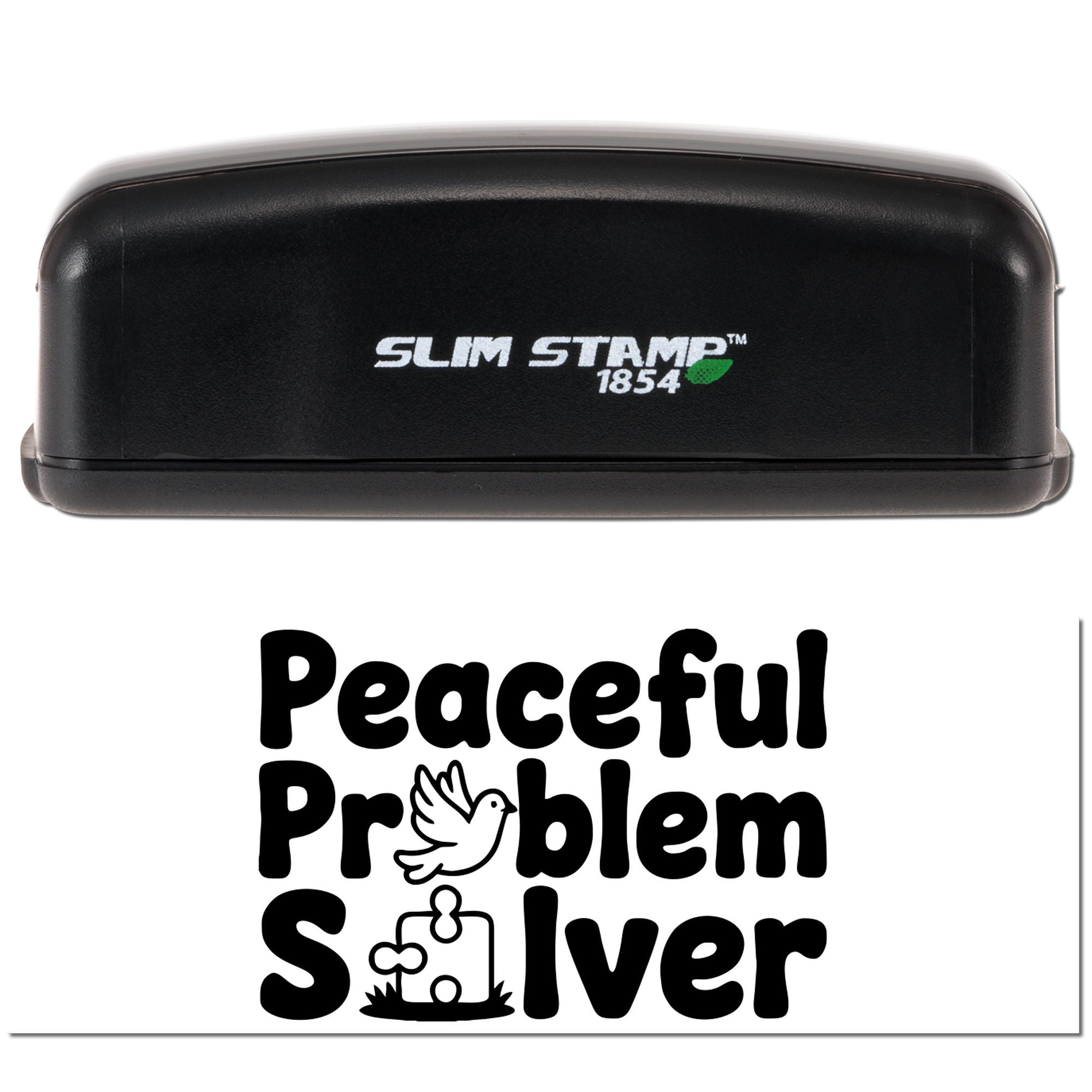 Black Slim Stamp 1854 self-inking seal with Peaceful Problem Solver text, dove, and puzzle icons.
