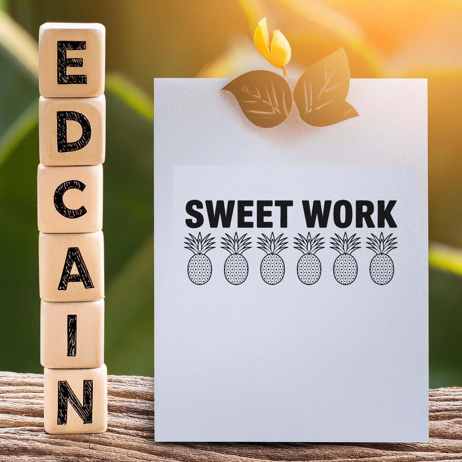 Wooden alphabet stamp blocks beside a white card stamped SWEET WORK with black pineapple seal designs.