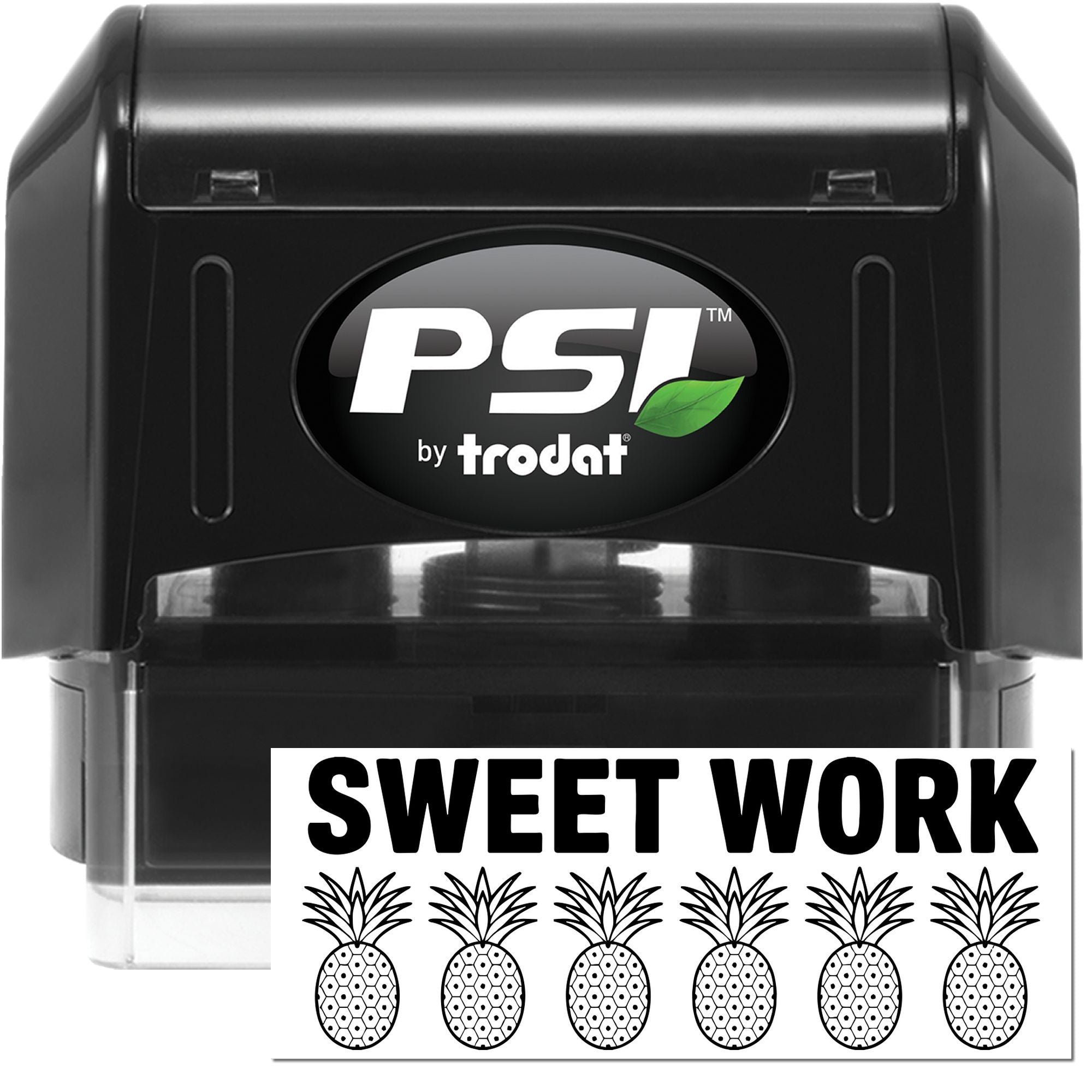 Black PSI by Trodat self-inking stamp and white Sweet Work seal with pineapple icons.