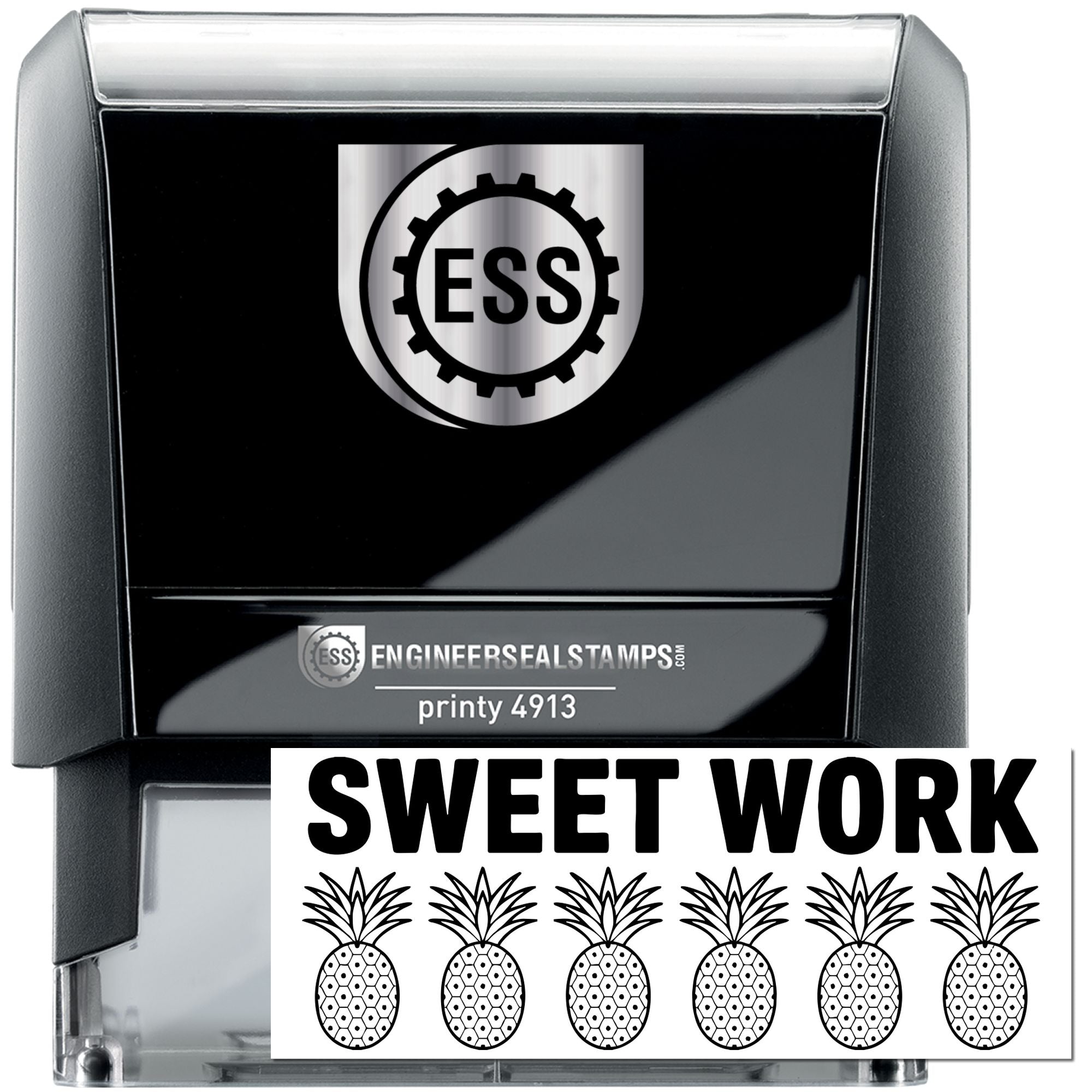 Black self-inking ESS engineer seal stamp with silver accents and Sweet Work pineapple design.