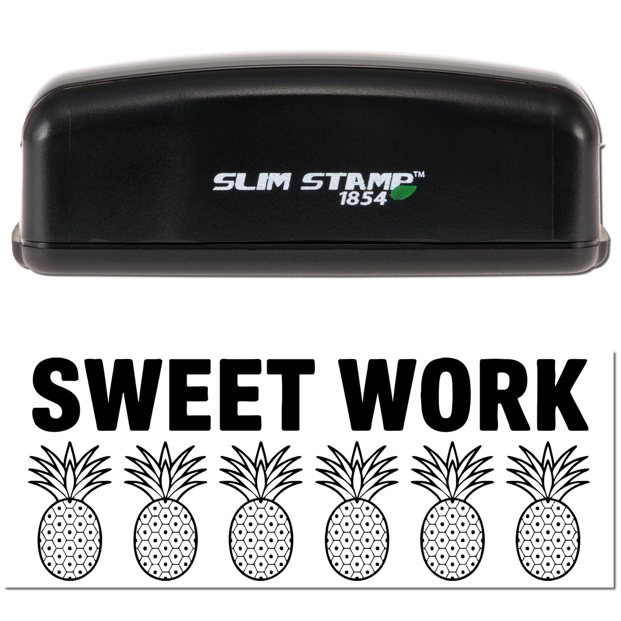 Black Slim Stamp 1854 stamp and seal set with Sweet Work branding and black pineapple seal designs on white background.