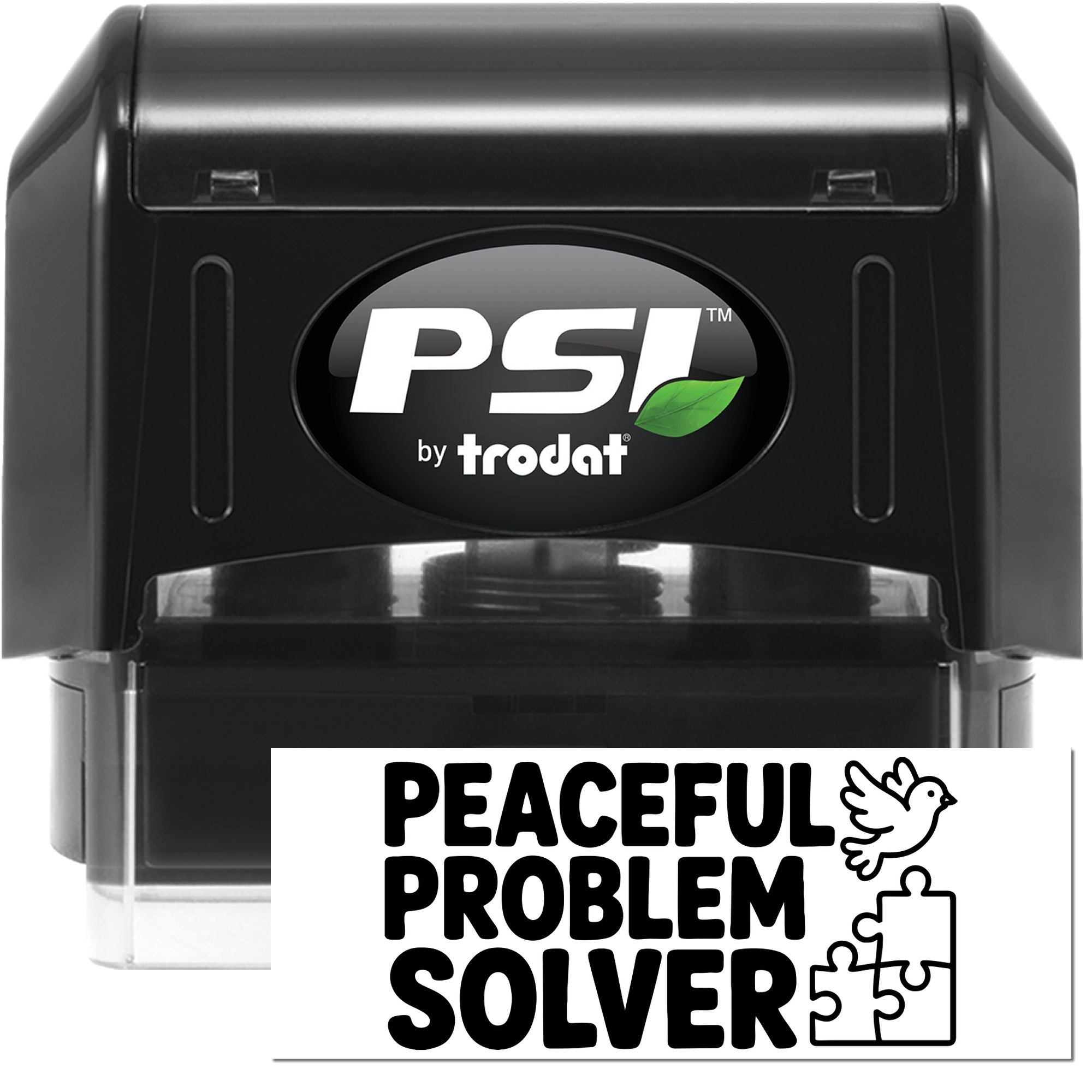 Black PSI by Trodat self-inking stamp and Peaceful Problem Solver seal with white text, dove, and puzzle icon.