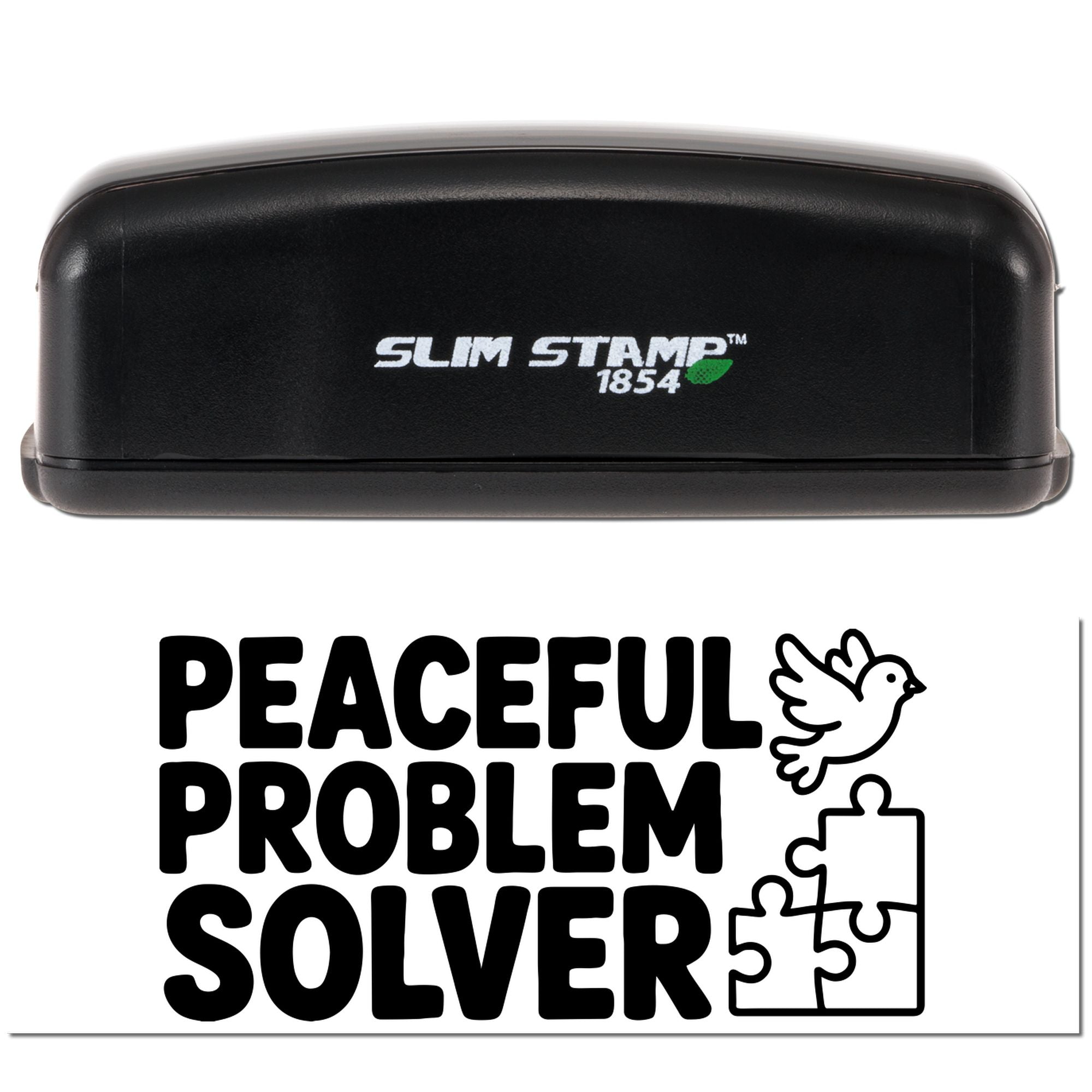Black Slim Stamp 1854 self-inking stamp and seal with Peaceful Problem Solver text, dove, and puzzle pieces.