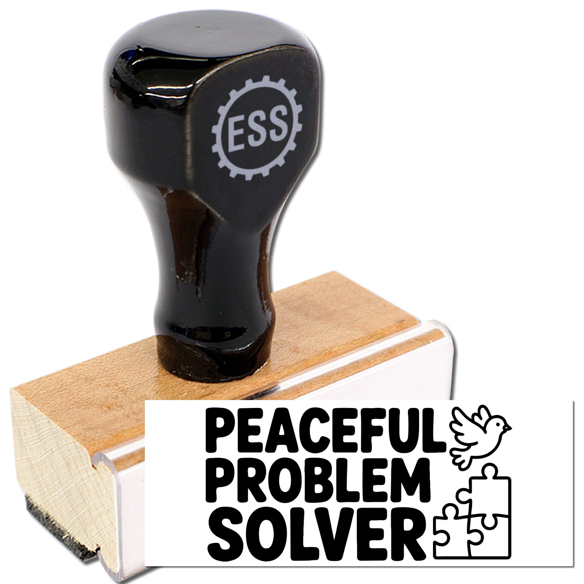 Black stamp seal on a wooden base, showing ESS logo and bold Peaceful Problem Solver text with dove and puzzle pieces.
