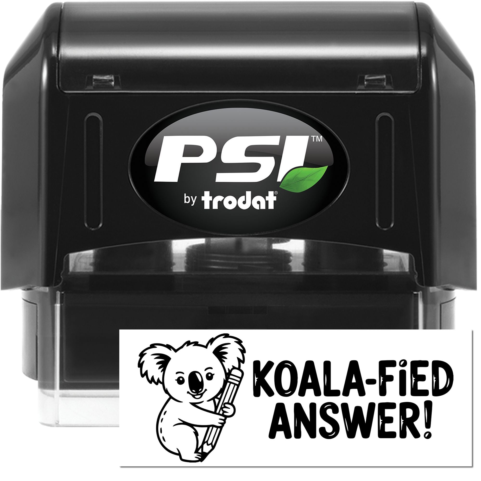 Black PSI by Trodat self-inking stamp and seal with white Koala-Fied Answer card, koala logo, and clear cover.