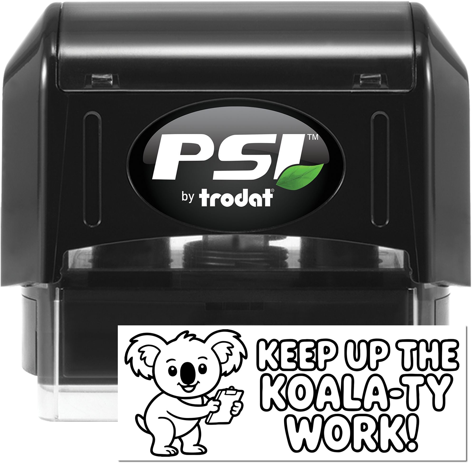 Black PSI by Trodat self-inking stamp and seal with green leaf logo and Koala-Ty Work design card