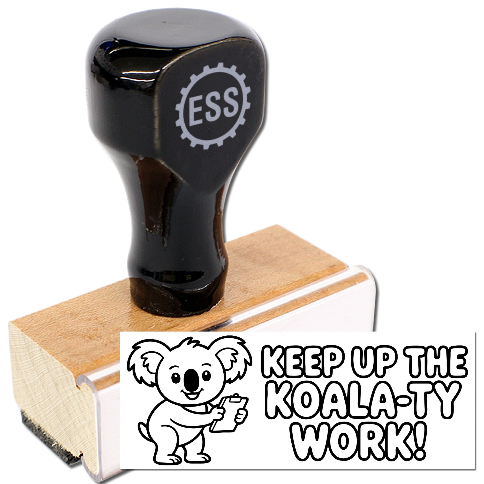 Black custom rubber stamp seal with ESS logo on wood block, featuring koala print and Keep Up the Koala-ty Work!