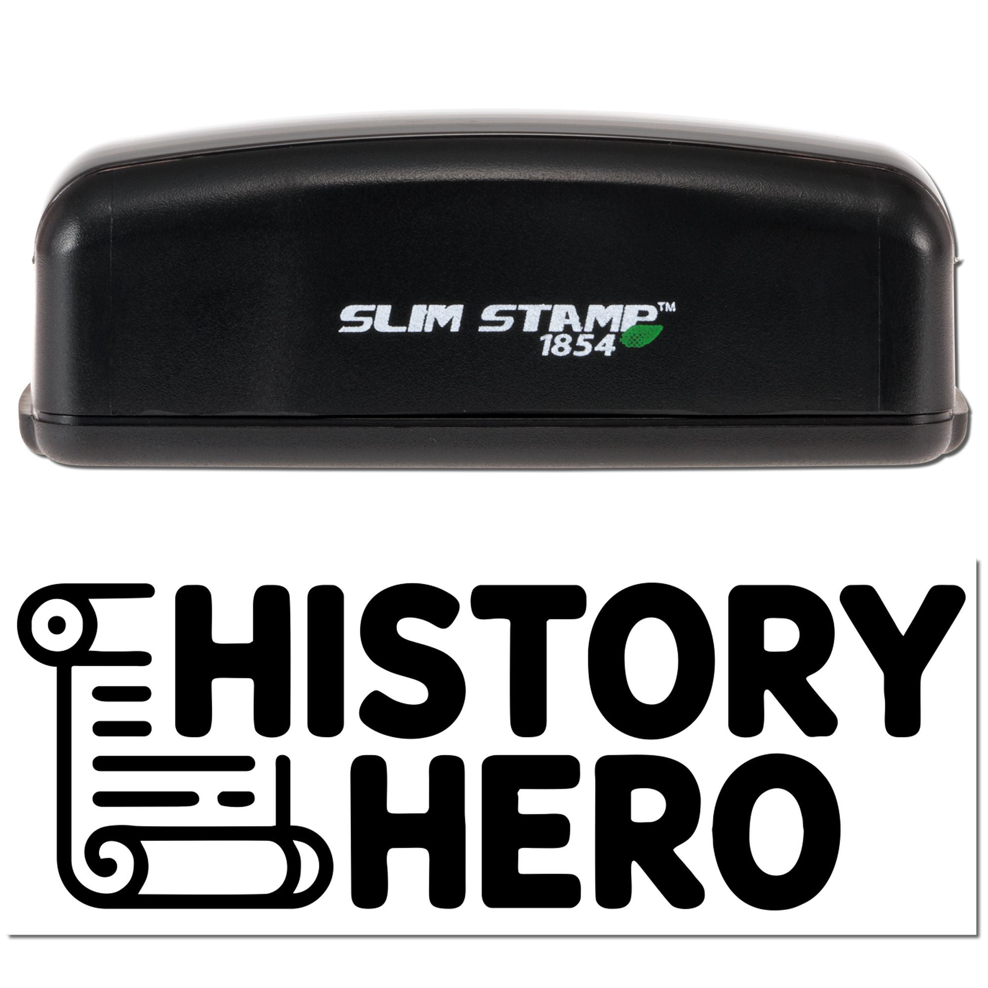 Black Slim Stamp 1854 self-inking stamp with History Hero logo and seal mark, black on a white background.