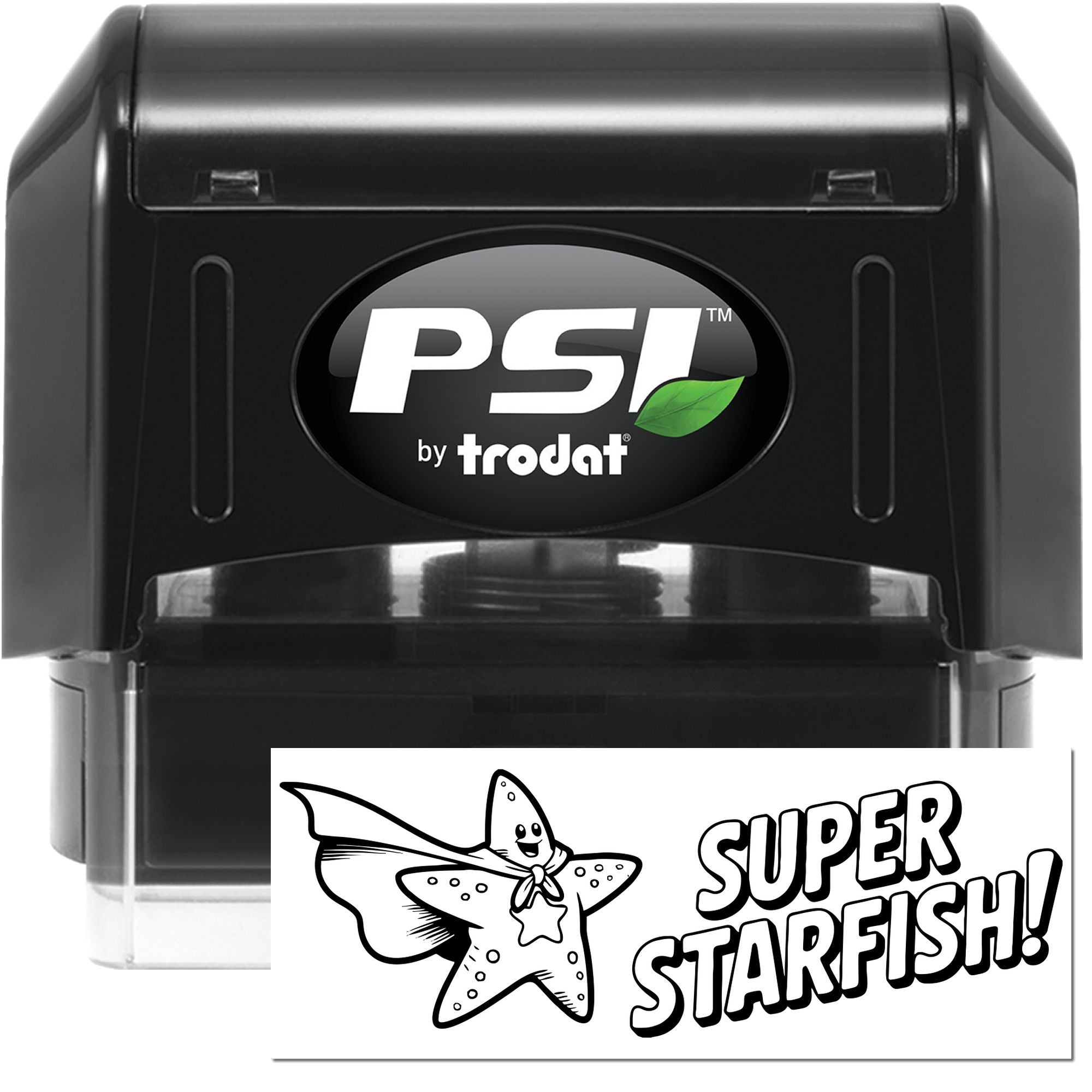 Black PSI by Trodat self-inking stamp with green leaf logo and Super Starfish seal design card