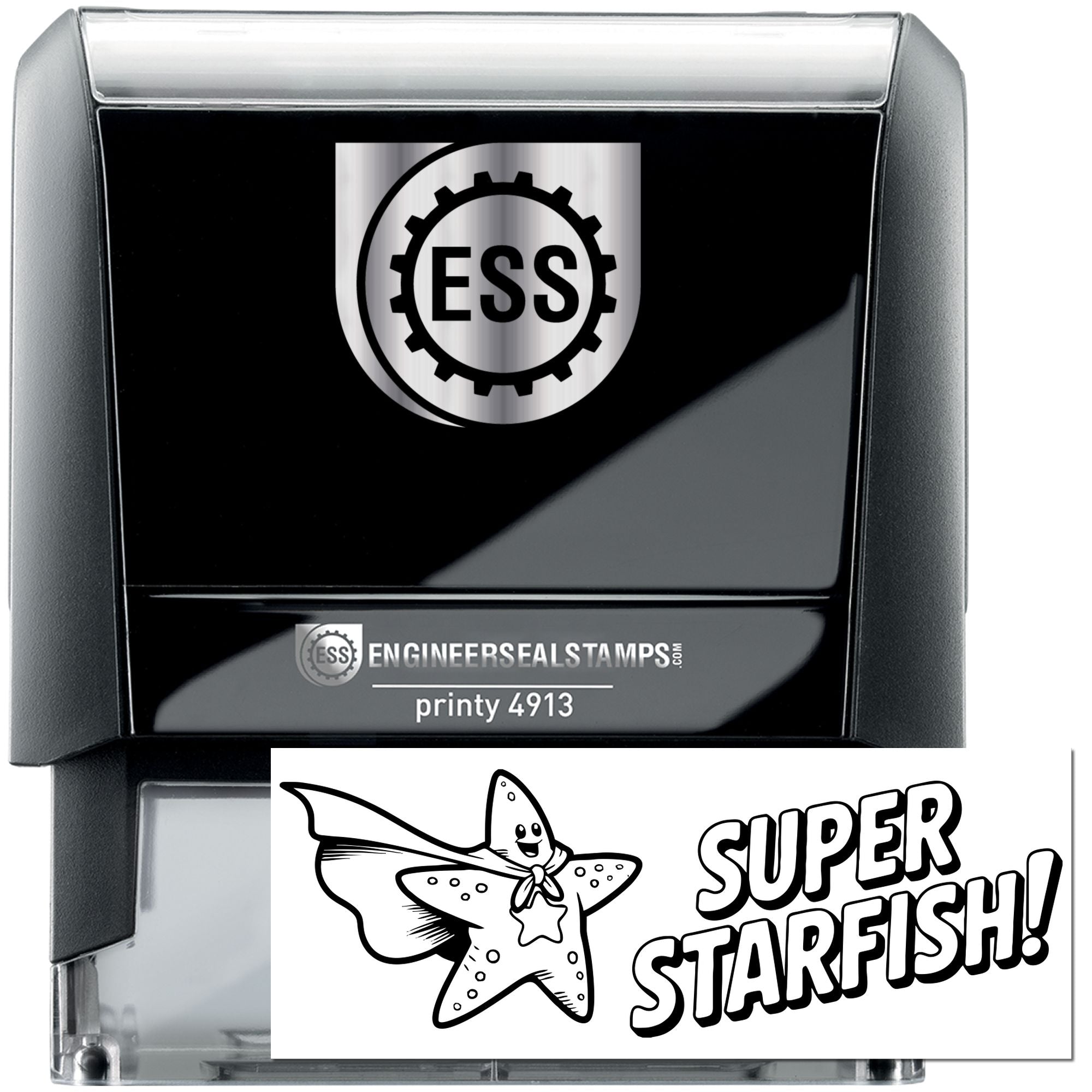Black and silver self-inking ESS stamp and seal with starfish graphic and bold SUPER STARFISH! text.