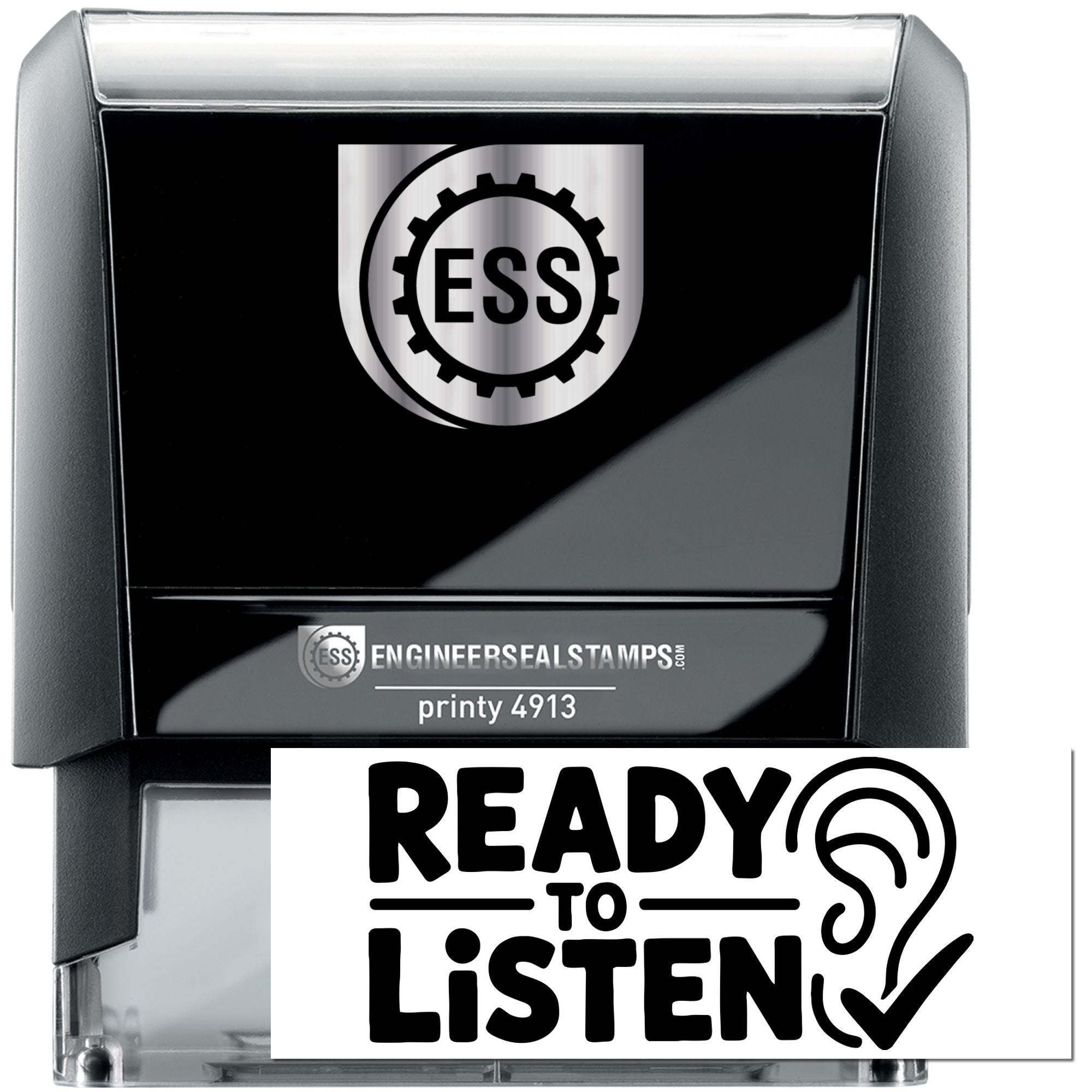 Black self-inking ESS engineer seal stamp with silver trim and clear case, featuring a Ready to Listen emblem.