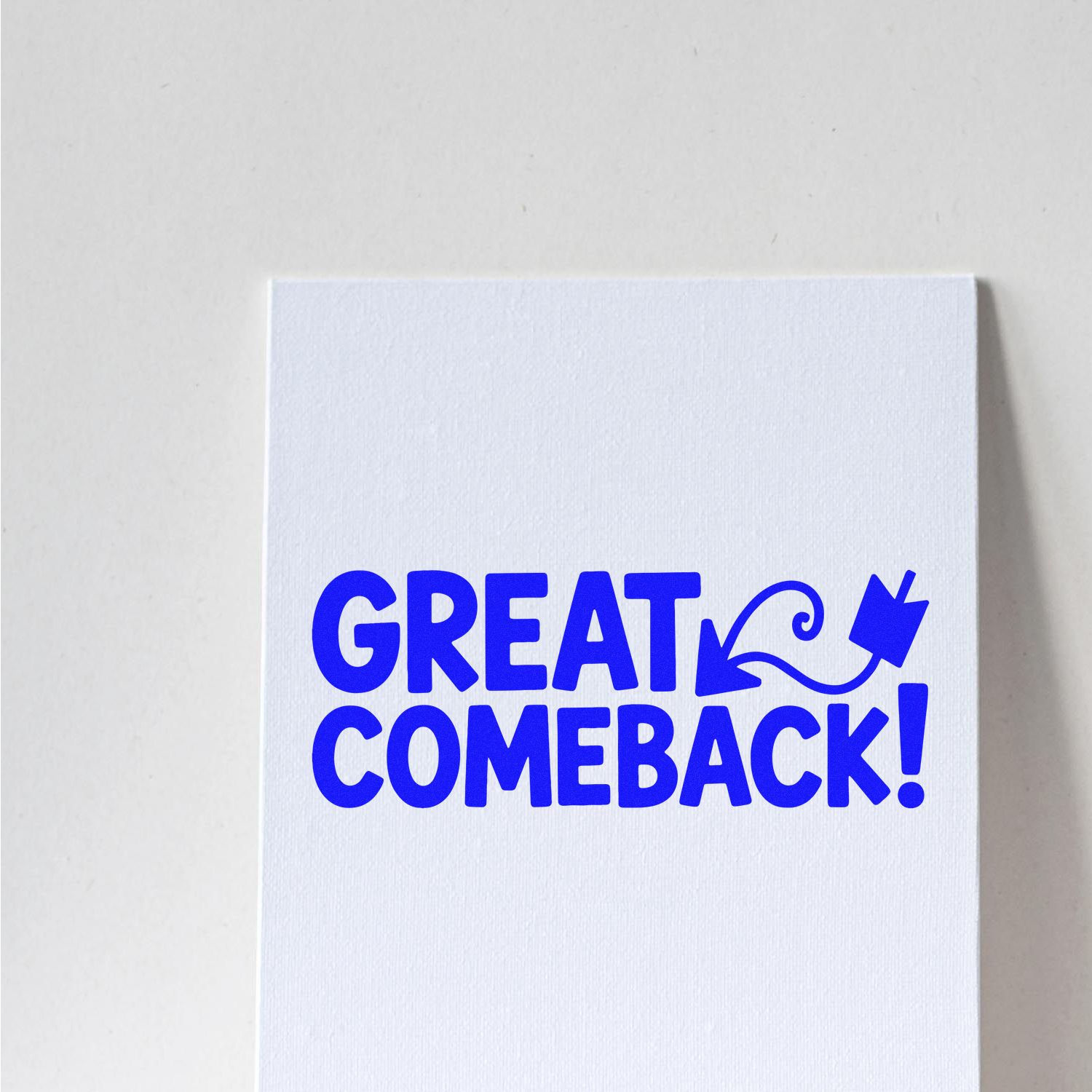 Blue Great Comeback stamp and seal design on white textured card with arrow graphic.