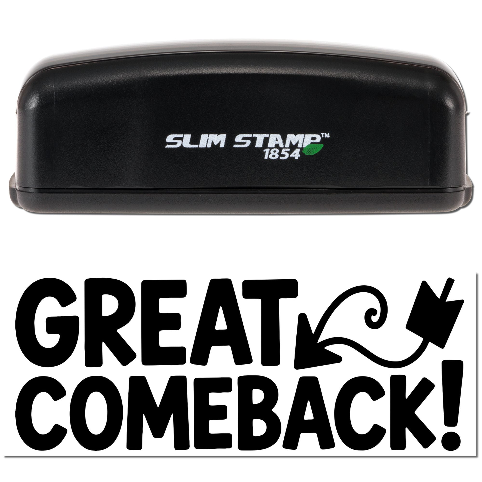 Black Slim Stamp 1854 self-inking stamp and seal with white logo, green leaf accent, and bold Great Comeback! text.