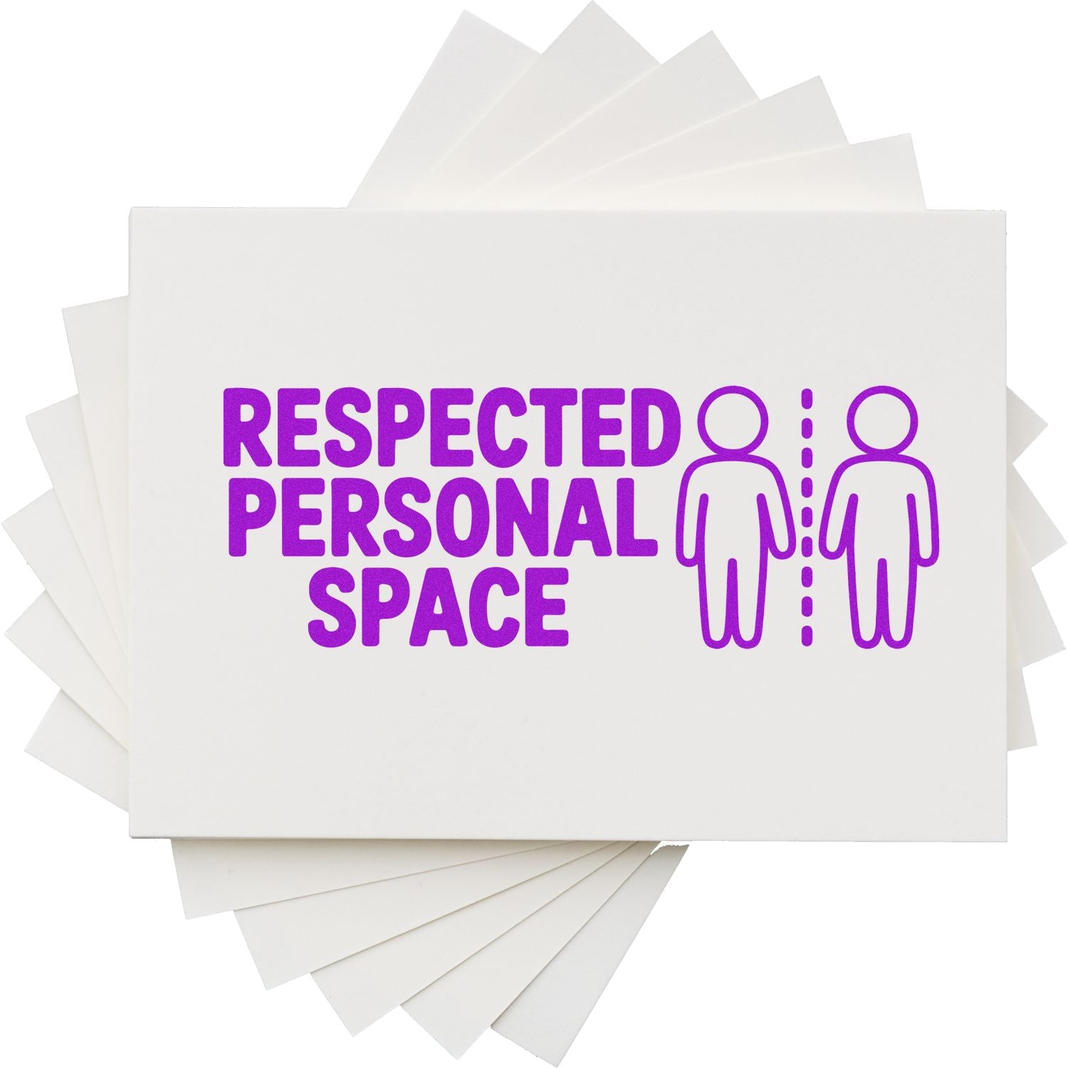 White stamp and seal product with purple Respected Personal Space text and two outlined figures separated by a dotted line.