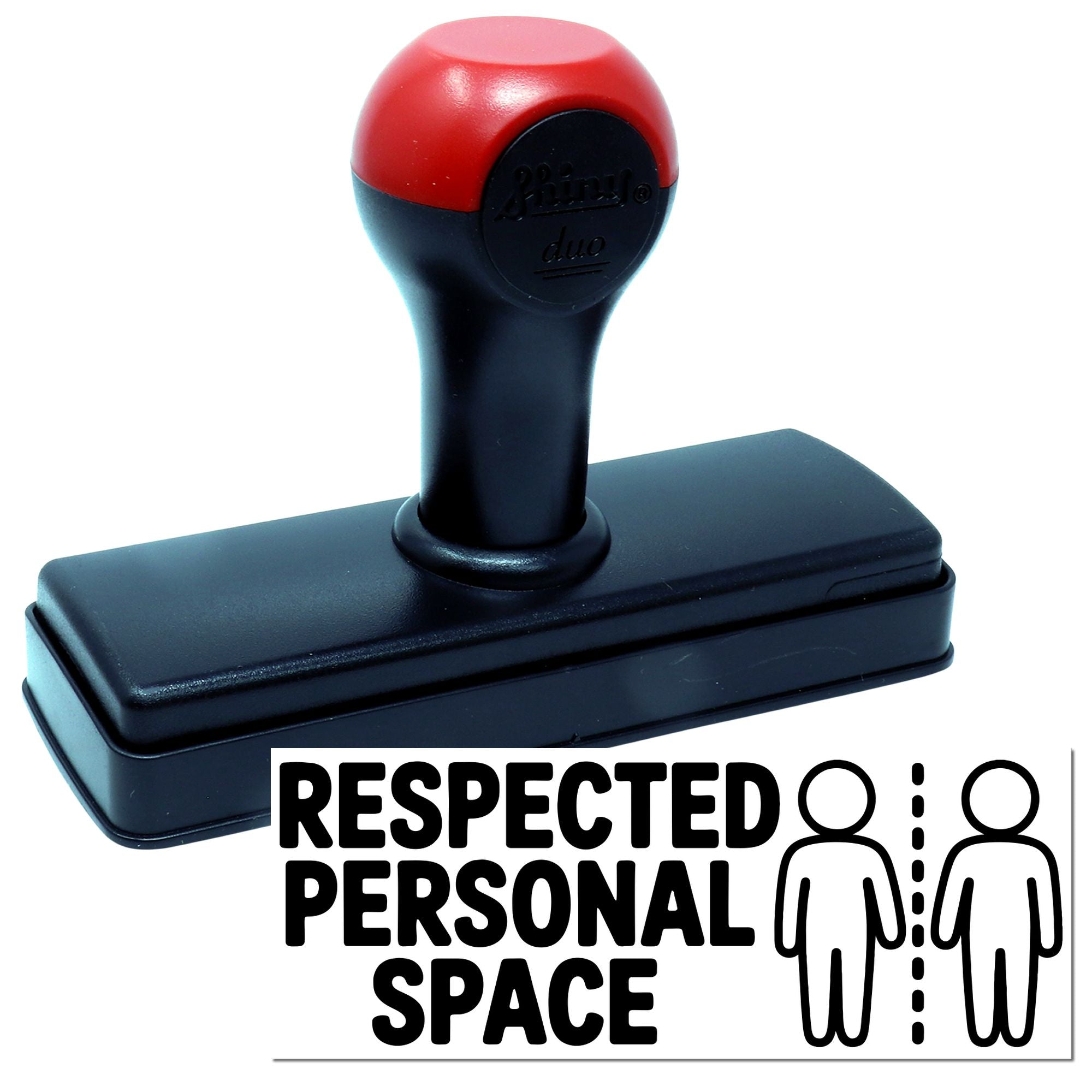 Red and black self-inking stamp and seal with RESPECTED PERSONAL SPACE text and two person icons.