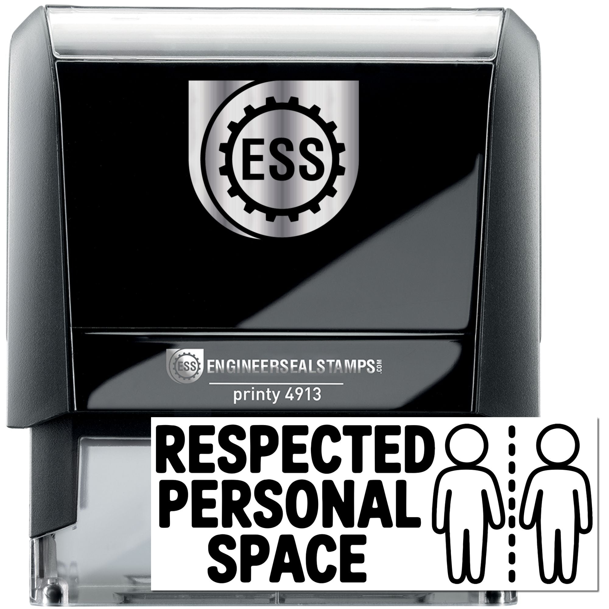 Black and silver self-inking ESS stamp with RESPECTED PERSONAL SPACE text and two figures separated by a dotted line.
