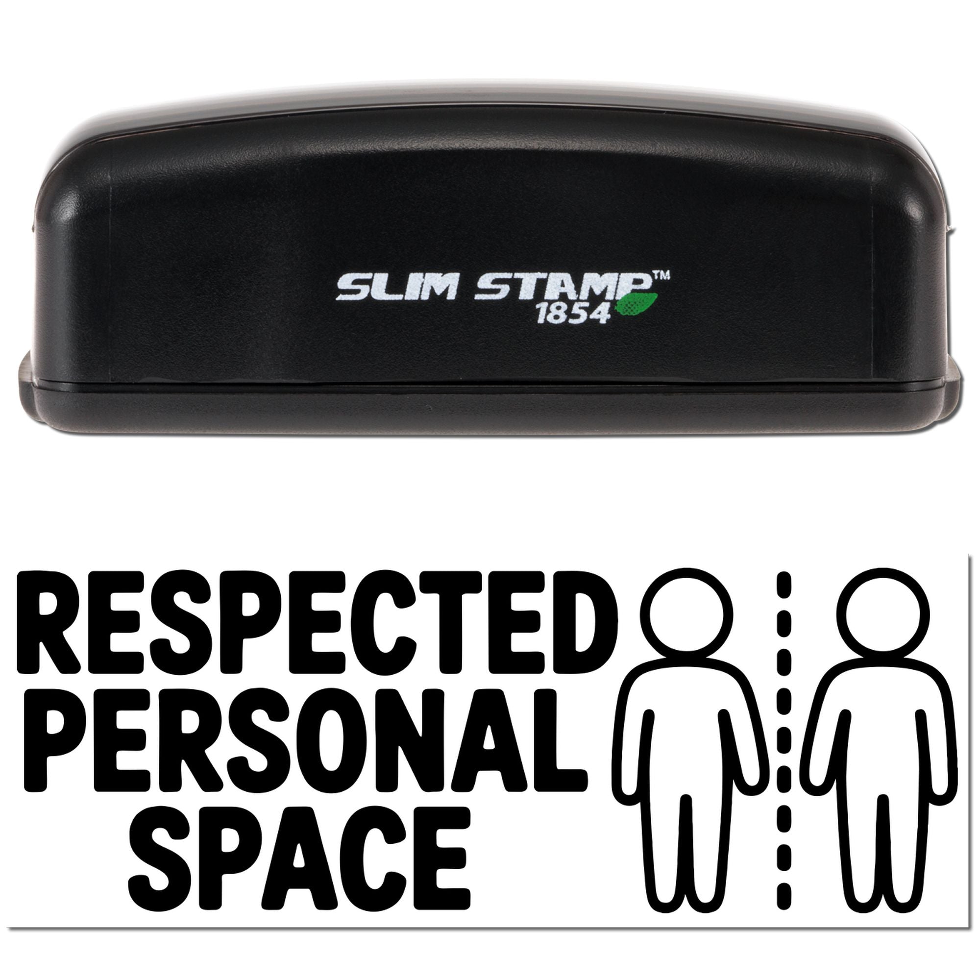 Black Slim Stamp 1854 self-inking stamp and seal with green logo, featuring Respected Personal Space text and person icons.