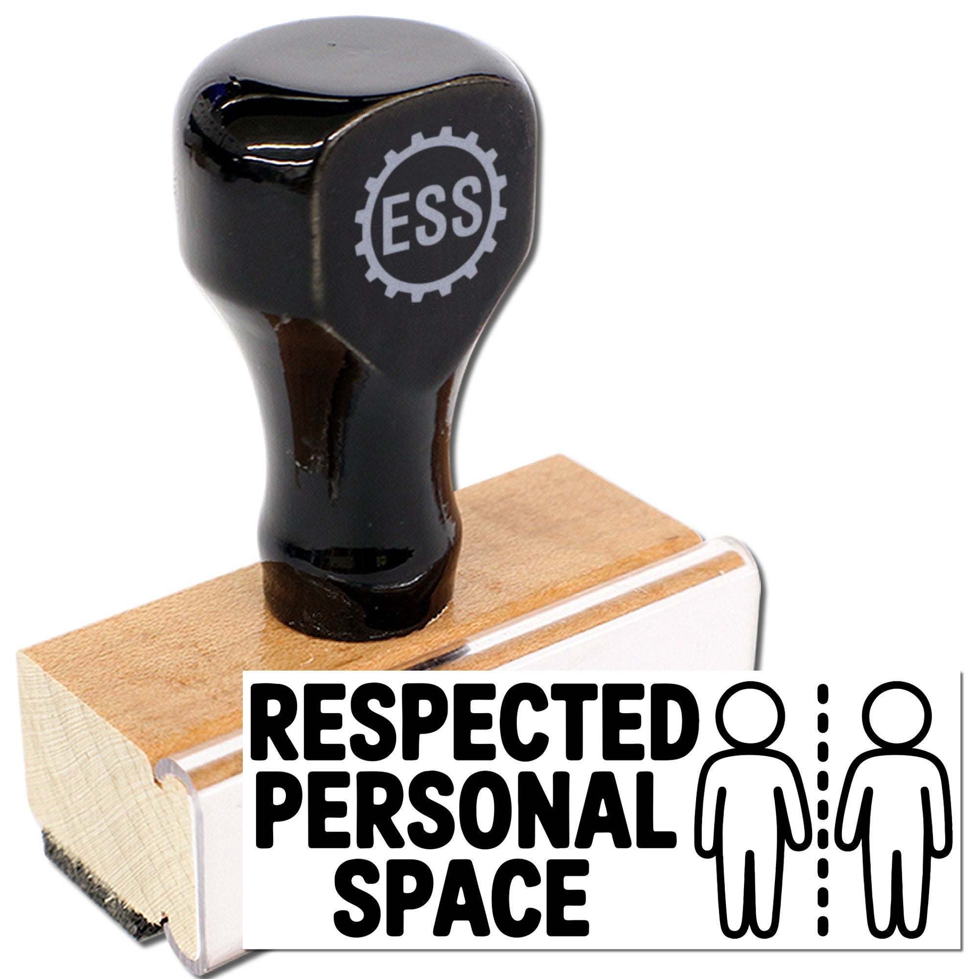 Black ESS rubber stamp and seal on wooden base with white RESPECTED PERSONAL SPACE text and figures icon.