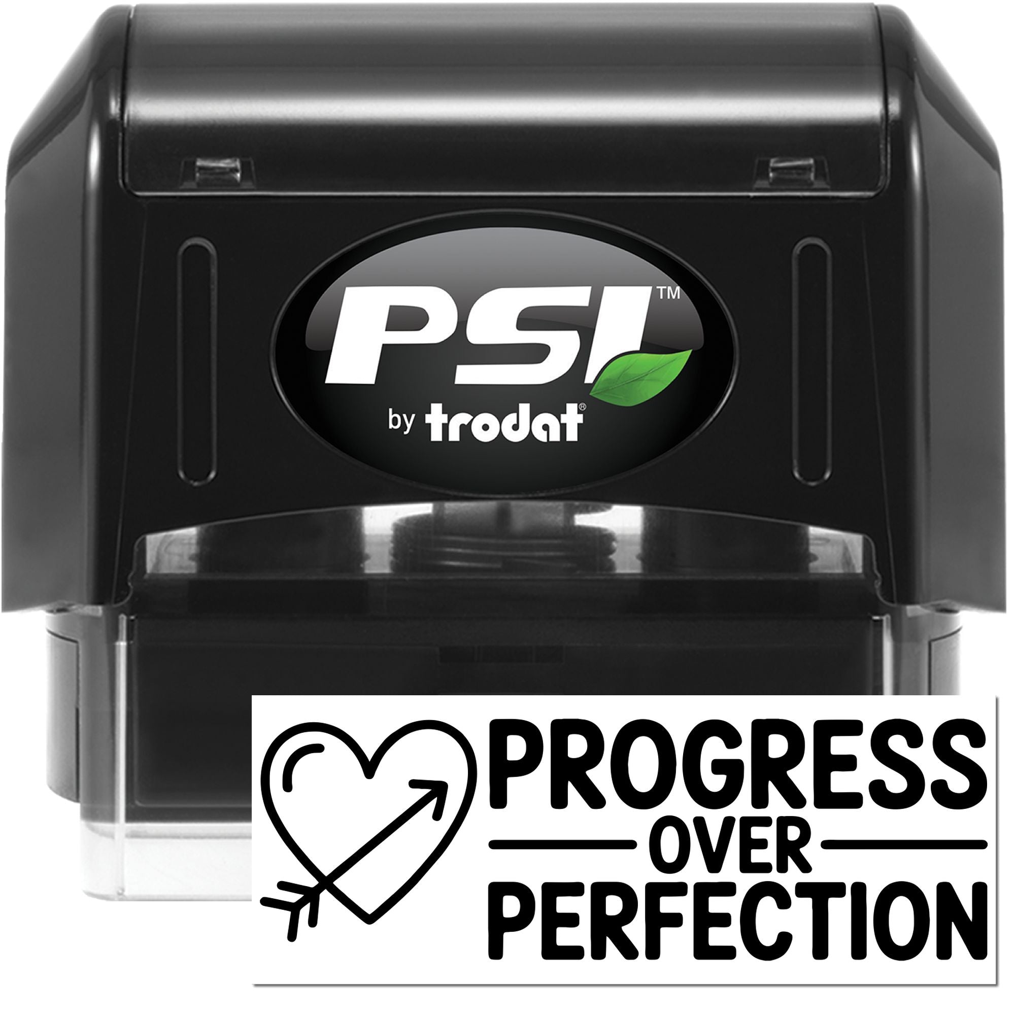 Black self-inking PSI by Trodat stamp and seal set with green leaf logo and Progress over perfection text.