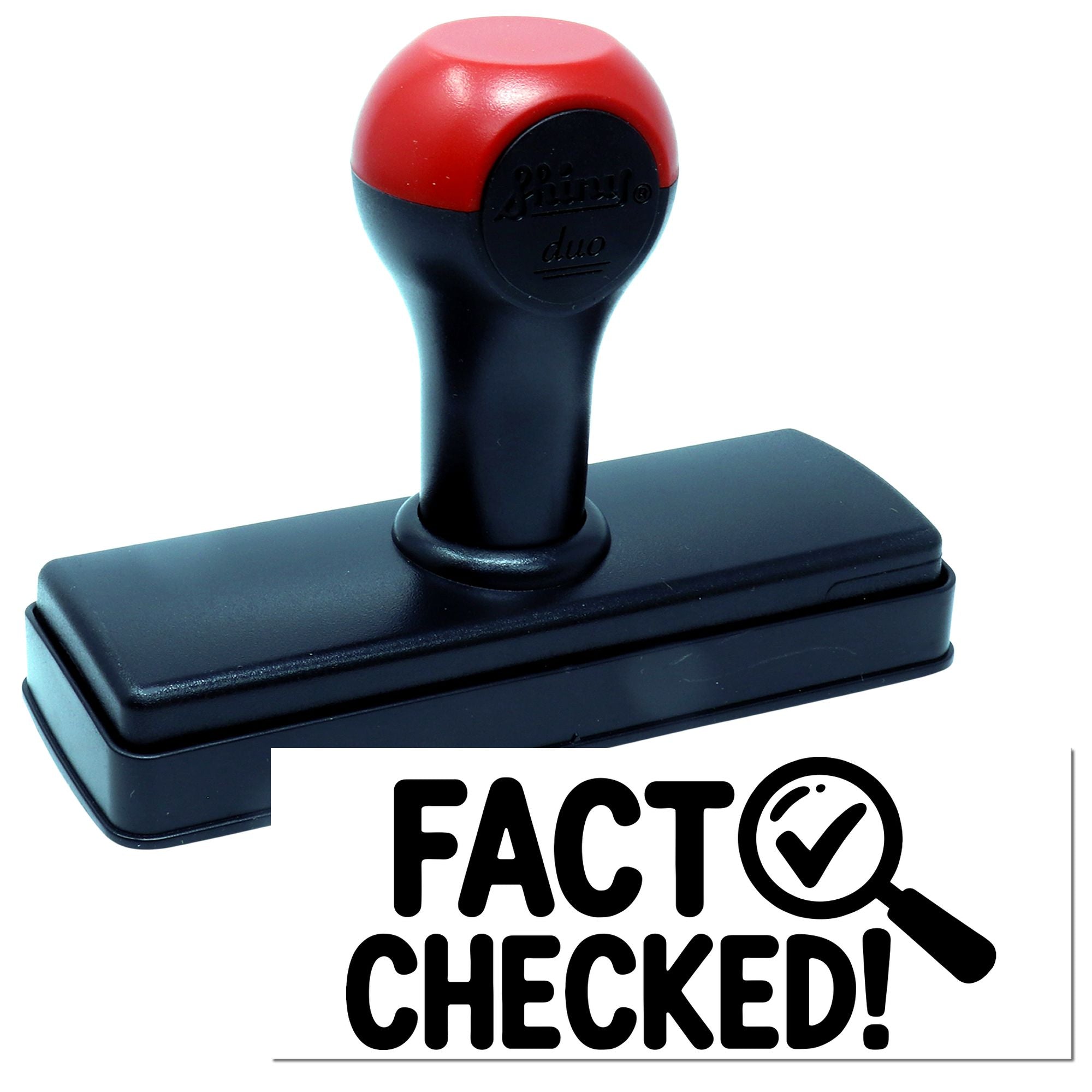 Red and black self-inking stamp and seal with FACT CHECKED! mark