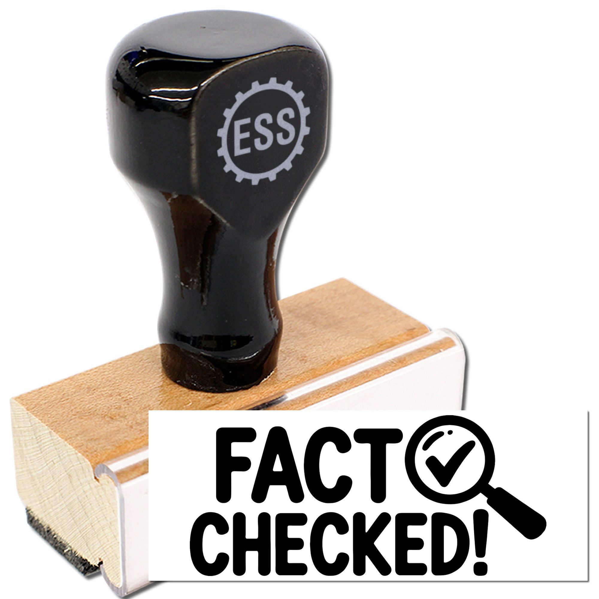 Black stamp and seal with ESS gear logo on a wooden base, paired with a white FACT CHECKED! mark.