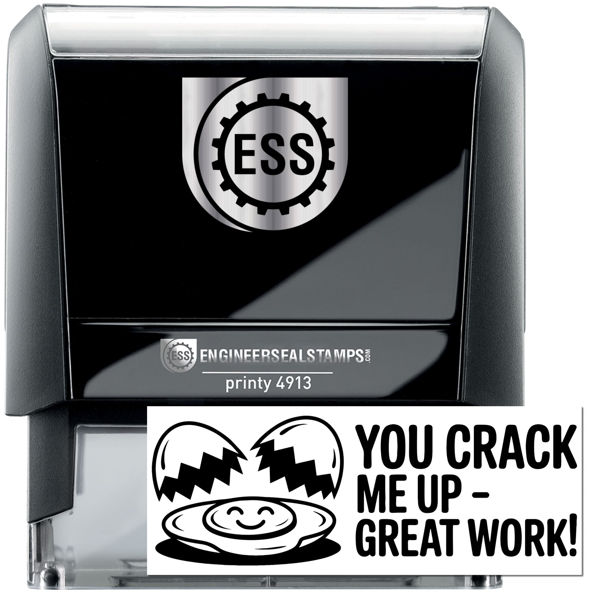 Black and silver engineer stamp and seal products with ESS logo, Printy 4913, and playful You crack me up seal.