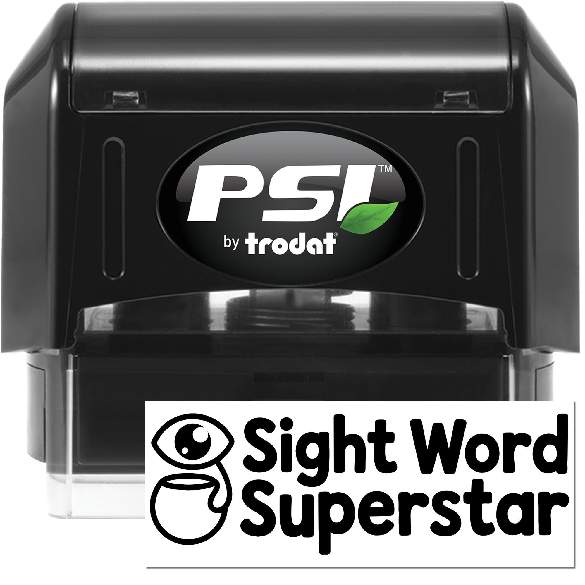 Black PSI by Trodat self-inking stamp and seal with clear base and green leaf logo