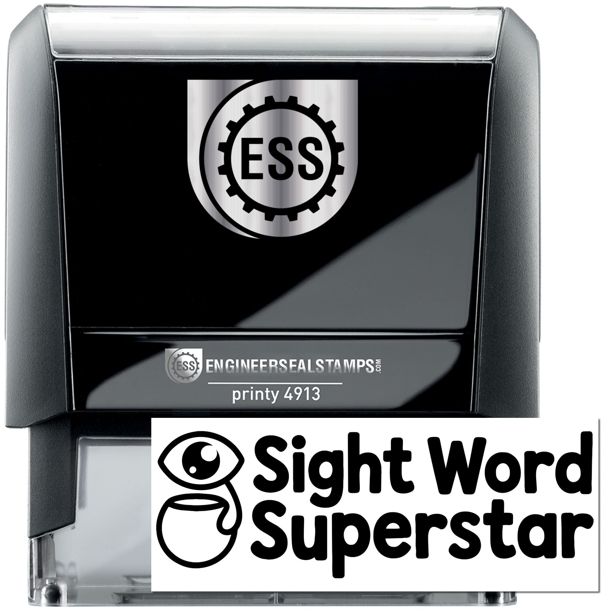 Black and silver self-inking ESS engineer seal stamp, Printy 4913, with Sight Word Superstar branding