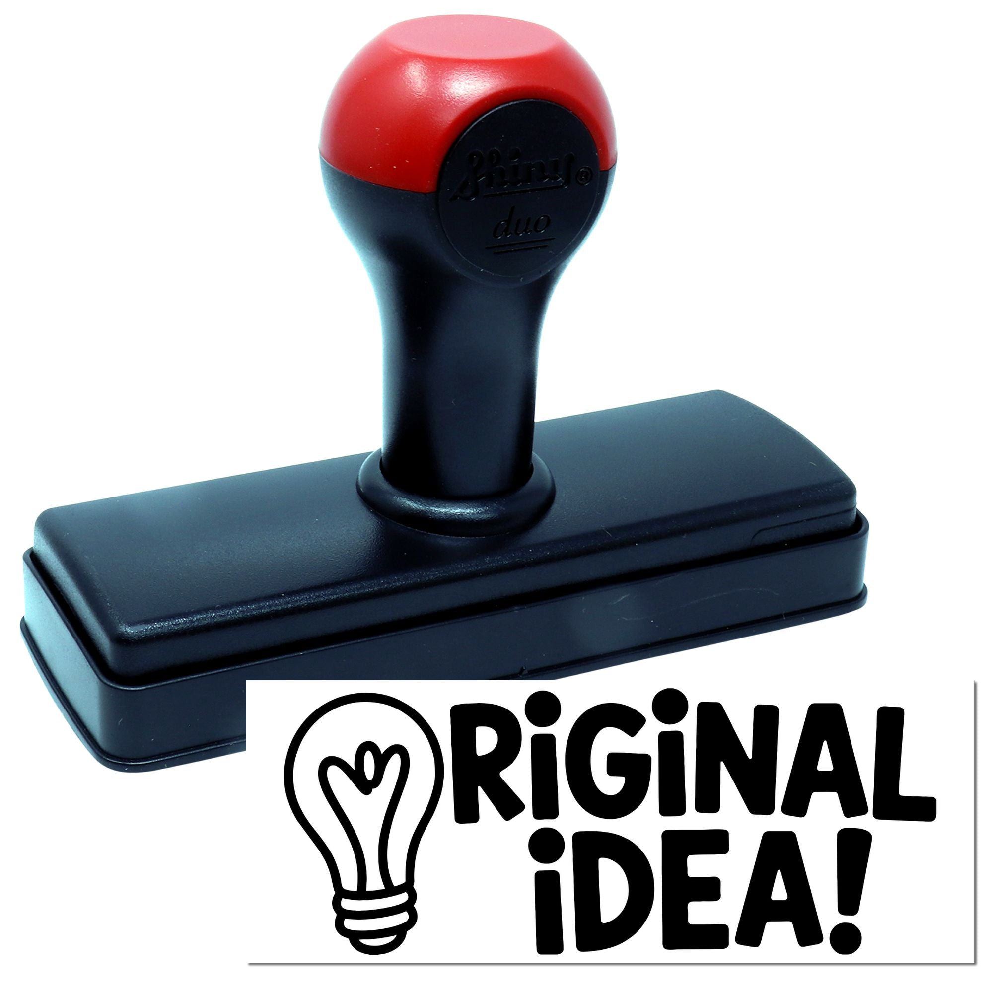 Red and black self-inking stamp and seal with rectangular base and Original iDEA logo.